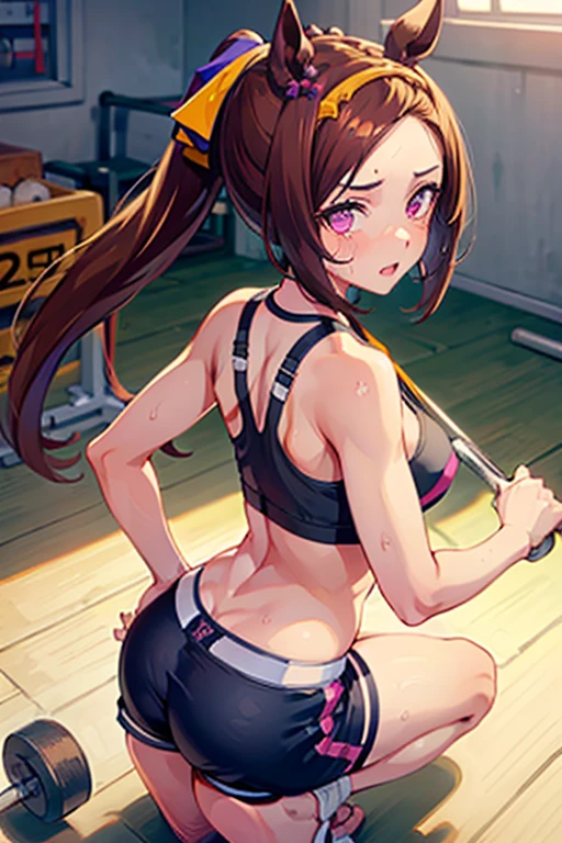 sakura bakushin o \(umamusme\) in sexy mini shorts and sports bra, crouched deadlifting with a bar with her back facing a gym mirror, sweating, High Resulution, UHD, detailed image.