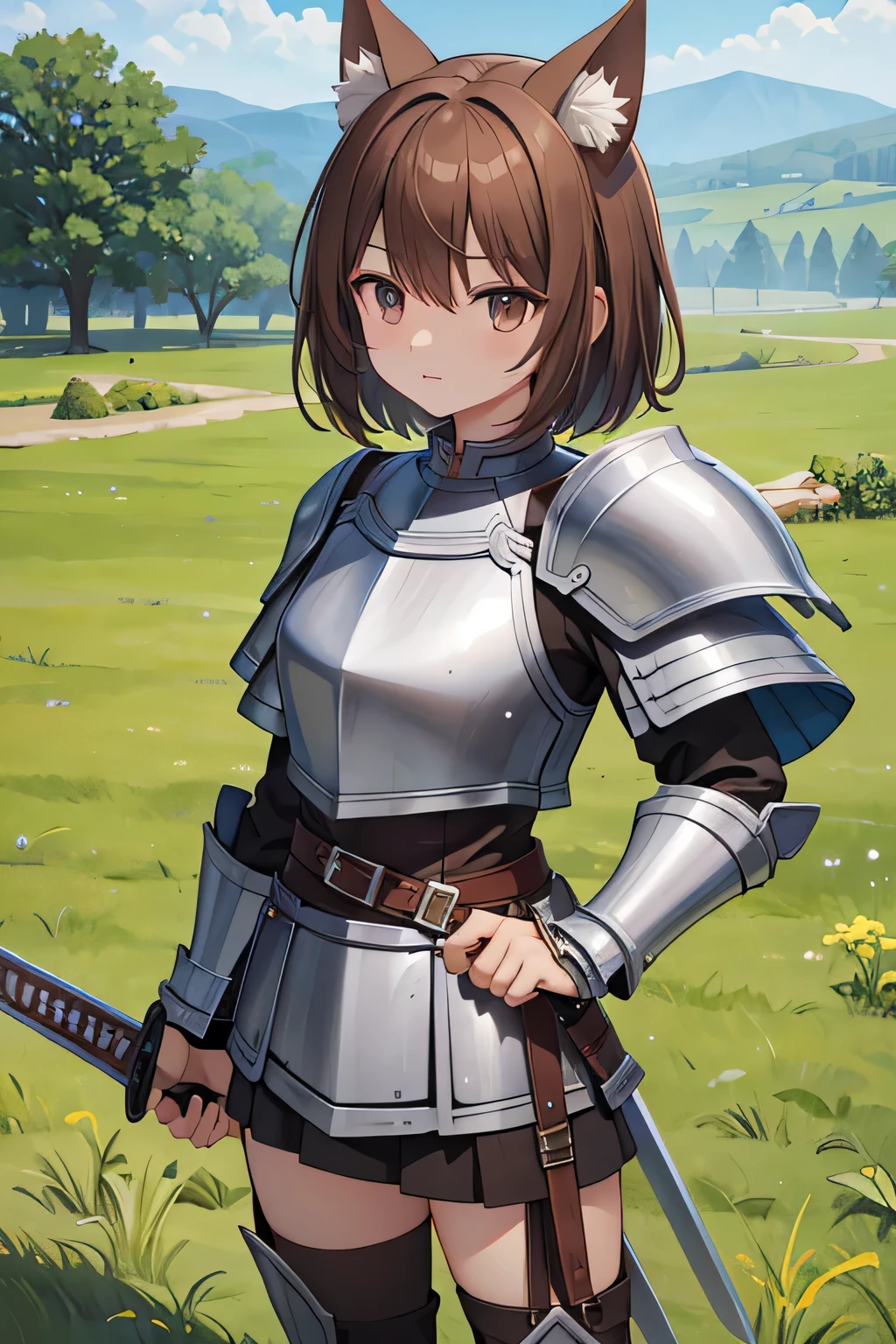 highest quality、、Dog ears、Brown hair short、leather armor、Metal shield in left hand、Great sword in right hand、grassland