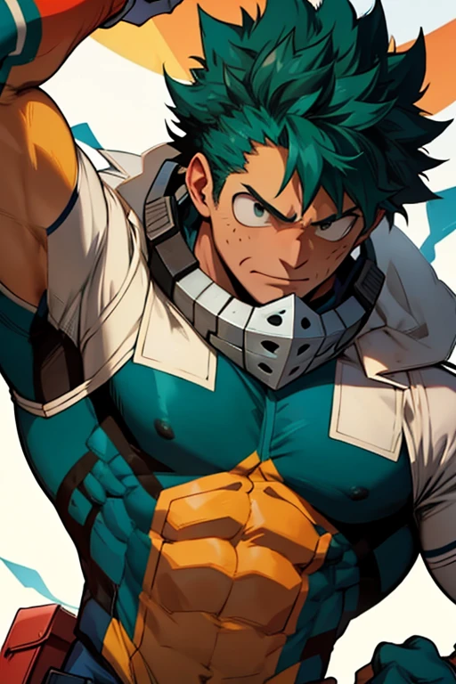 Un Izuku Midoriya con la musculatura de All Might , With toned and robust muscles, His strength and endurance would be unmatched.. His All Might-inspired suit would be a perfect combination of style and functionality., with the characteristic design in the shape of "Y" en el pecho y los colores verde, negro y blanco decorando su uniforme. The cape billowing behind him would add a touch of majesty to his appearance., making it look even more impressive