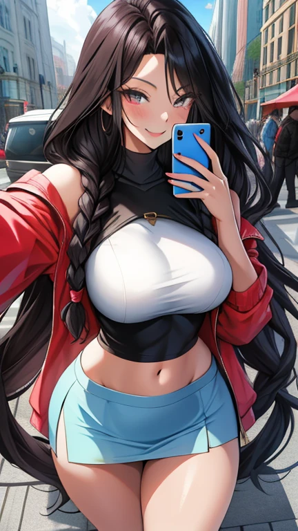 anime, 28 year old woman, taking a selfie, mischievous smile, long hair, dark hair color, stylish hairstyle, side hair long lush hair, long curls of hair pulled to the sides, Braids within the hair, curvy body, proportional body, sexy girl, beautiful mature girl, lovable character, crop top, short skirt, clarity, detailed, detailed face, very detailed drawing, smile, flirty look, city background, saturated background, perfect composition, soft natural volumetric cinematic perfect light, masterpiece