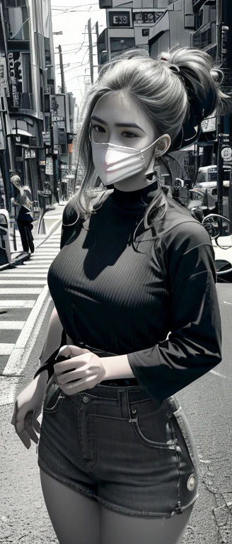 A 20-year-old female, Blonde, (High-top gradient:1.3), Dark theme, Soothing Tones, pastel colors, High contrast, (Natural skin texture, Surrealism, Soft Light, sharp),((Show off your whole body)),Tokyo Street,Yamaguchi Gumi,Samurai sword,Gas masks,Wearing exquisite kimono,Stand at the intersection of the street