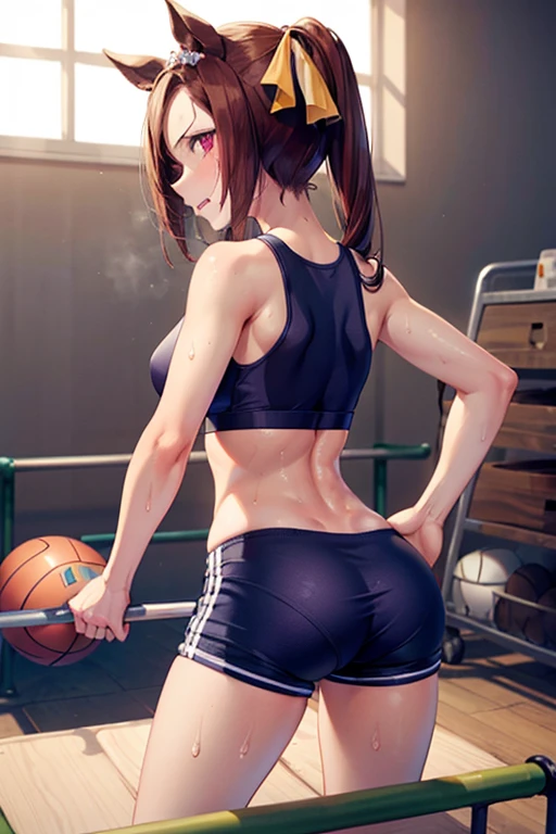 sakura bakushin o \(umamusme\) in sexy mini shorts and sports bra, crouched deadlifting with a bar with her back facing a gym mirror, sweating, High Resulution, UHD, detailed image.