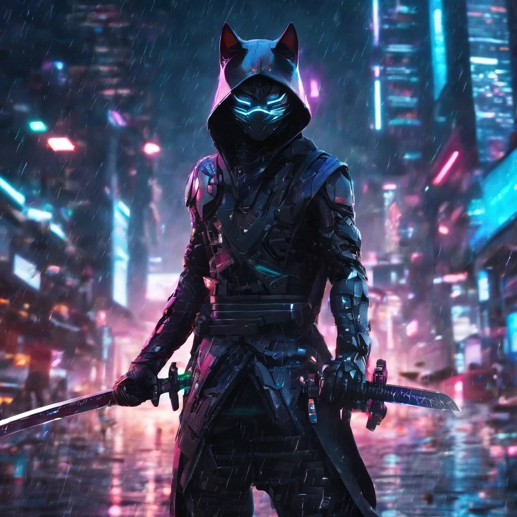 An epic 4K ((front view)) photo of a (cat) having human shaped body wearing a modern ((cyberized ninja outfit)) standing and looking down while ((holding a katana)) with one hand taking place in a rainy city at night