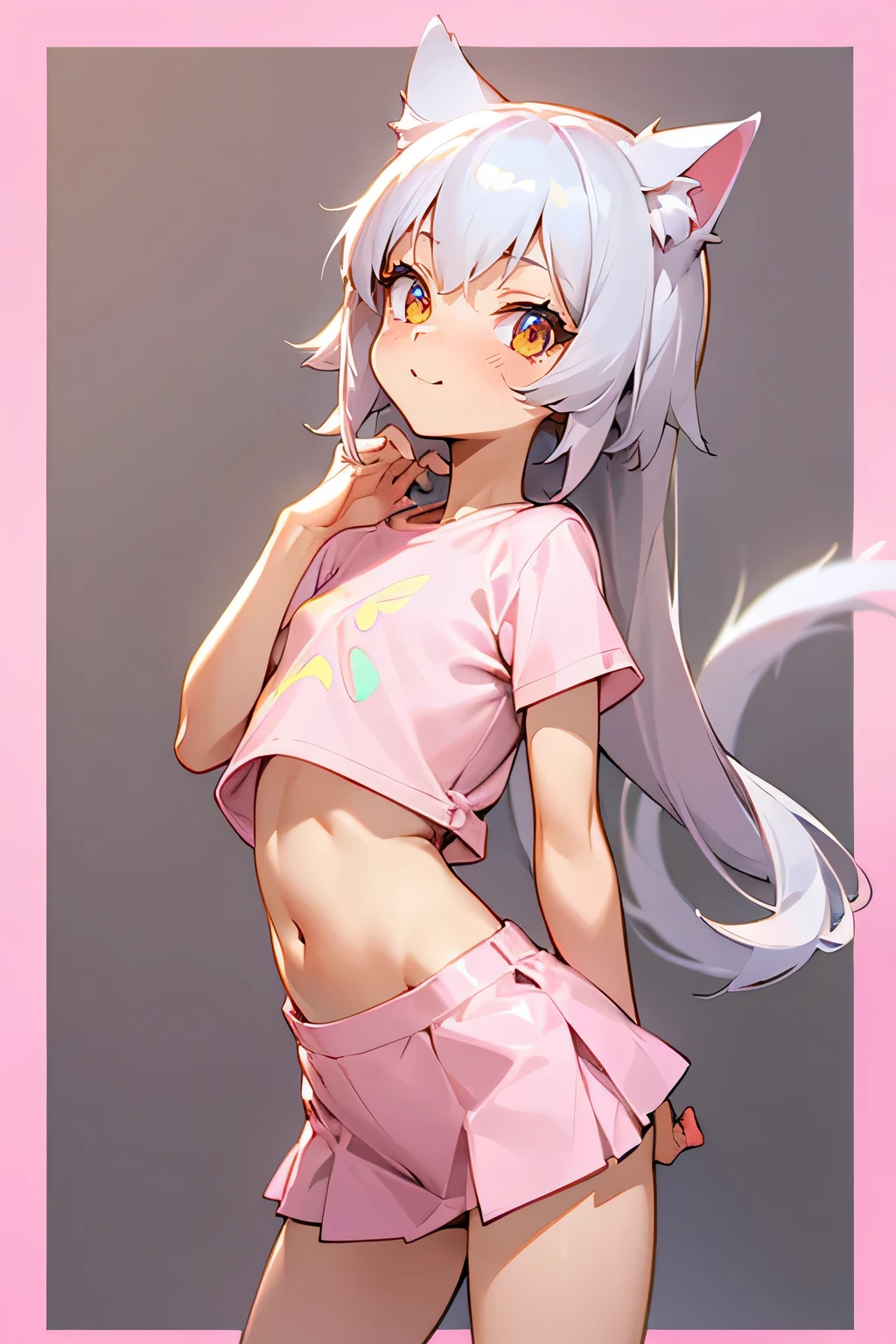 1girl, silver hair, golden eyes with pupils, ((skinny)), ((petite)), short, small, ((neko)), (cropped solid pastel pink tshirt), long hair, short skirt, (((kid))), cat ears, happy, blush, flat chest, midriff, at school, tummy