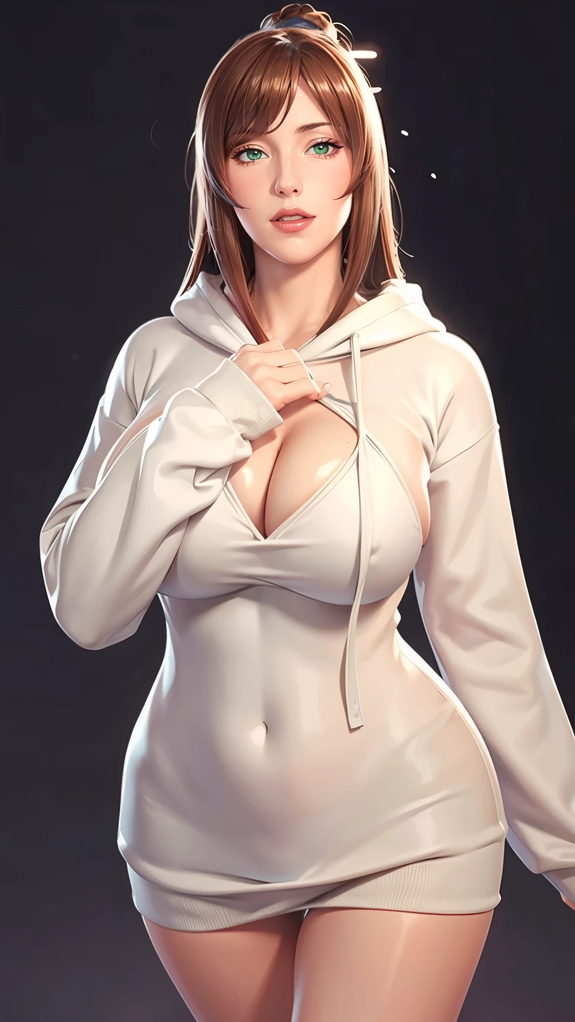 (((完美figure,figure,solo, White and tender skin,(((hoodie,wearing a hoodie))),(((mei_terumi,long hair, brown hair, green eyes, hair over one eye, Red brown crossed long curly hair, right eye covered by hair, pink lips))),((masterpiece)),high resolution, ((Best quality at best)),masterpiece,quality,Best quality,((( Exquisite facial features,Looking at the audience,There is light in the eyes,(((Smile,confidence)))),))),型figure:1.7))),(((Light and shadow,Huge breasts))),(((Looking at the camera,black background,)))