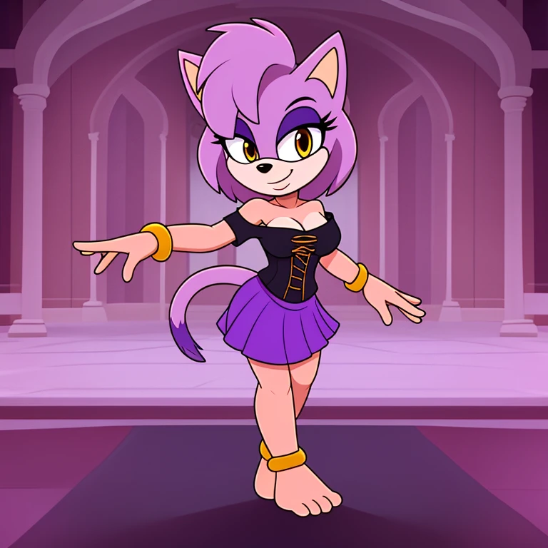 score_9, score_8_up, 2d, 1girl, blaze the cat, amber eyes, lavender fur, solo, jewelry, barefoot, gold bangle bracelt, breasts, cleavage, anklet, off shoulder, purple skirt, smile, hand on hip, pink hairband, long skirt, full body, white shirt, bare shoulders, makeup, puffy sleeves, medium breasts, green cincher corset, off-shoulder shirt, standing, bangle, puffy short sleeves, dancing, eyeshadow, dress, short sleeves, outline, toes, underbust, looking to the side, collarbone, town sqaure background, day, esmarelda cosplay,