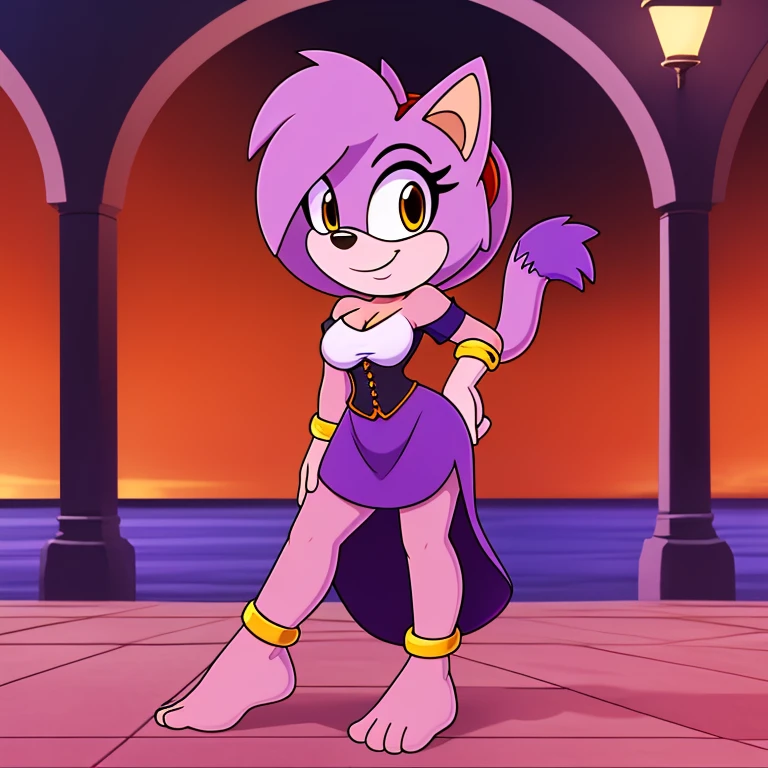 score_9, score_8_up, 2d, 1girl, blaze the cat, amber eyes, lavender fur, solo, jewelry, barefoot, gold bangle bracelt, breasts, cleavage, anklet, off shoulder, purple skirt, smile, hand on hip, pink hairband, long skirt, full body, white shirt, bare shoulders, makeup, puffy sleeves, medium breasts, green cincher corset, off-shoulder shirt, standing, bangle, puffy short sleeves, dancing, eyeshadow, dress, short sleeves, outline, toes, underbust, looking to the side, collarbone, town sqaure background, day, esmarelda cosplay,