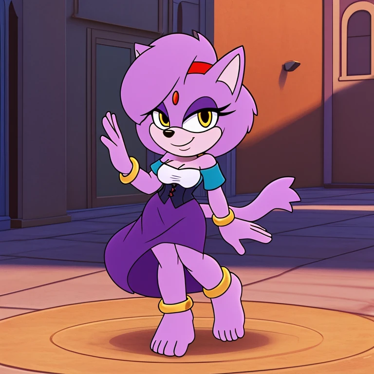 score_9, score_8_up, 2d, 1girl, blaze the cat, amber eyes, lavender fur, solo, jewelry, barefoot, gold bangle bracelt, breasts, cleavage, anklet, off shoulder, purple skirt, smile, hand on hip, pink hairband, long skirt, full body, white shirt, bare shoulders, makeup, puffy sleeves, medium breasts, green cincher corset, off-shoulder shirt, standing, bangle, puffy short sleeves, dancing, eyeshadow, dress, short sleeves, outline, toes, underbust, looking to the side, collarbone, town sqaure background, day, esmarelda cosplay,