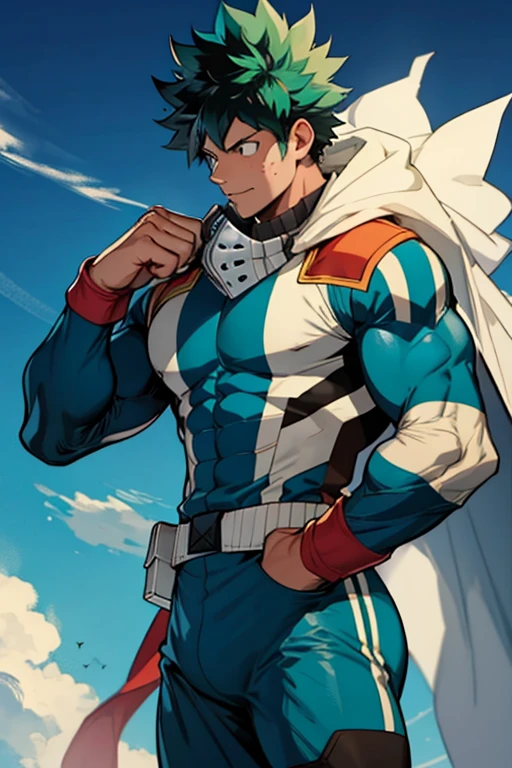 Un Izuku Midoriya con la musculatura de All Might , With toned and robust muscles, His strength and endurance would be unmatched.. His All Might-inspired suit would be a perfect combination of style and functionality., with the characteristic design in the shape of "Y" en el pecho y los colores verde, negro y blanco decorando su uniforme. The cape billowing behind him would add a touch of majesty to his appearance., making it look even more impressive