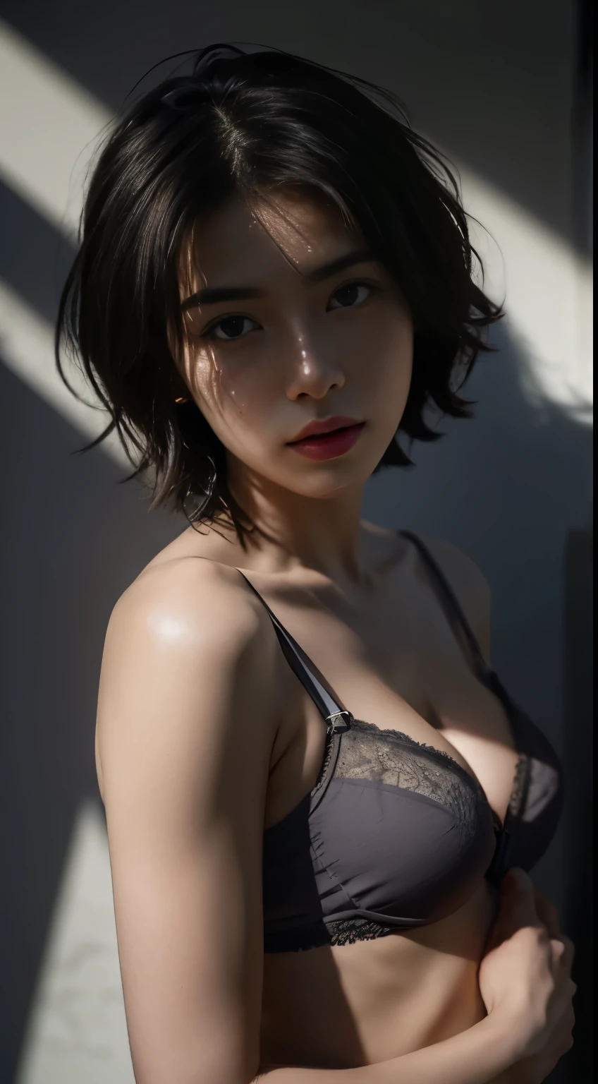 Best quality, masterpiece, ultra high res, (photorealistic:1.5), raw photo, 1girl, offshoulder, in the dark, deep shadow, low key, cold light, sexy look, short hair, smooth , simple bra , strap, leaf shadow