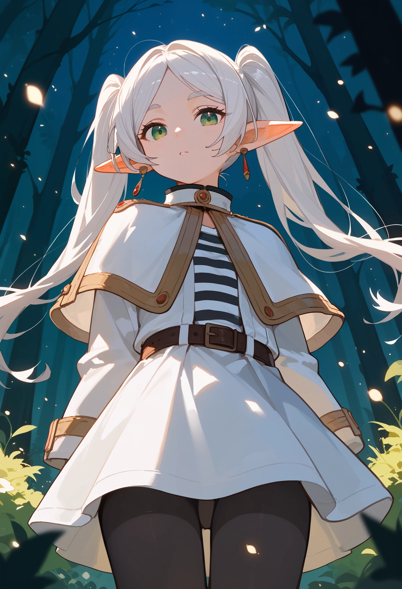 masterpiece, best quality, (score_9, score_8_up, score_7_up), 1girl, solo, FrierenBase, green eyes, elf ears, pointy ears, white hair, long hair, twintails, earrings, white capelet, striped shirt, black stripes, long sleeves, belt, white skirt, black pantyhose, looking at viewer, from below, arms on sides, forest, night-time, light particles, sharp focus, masterpiece, best quality
