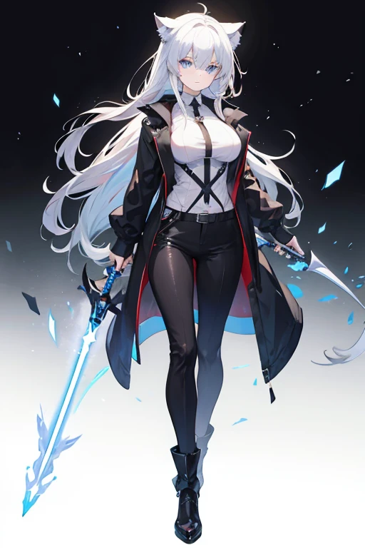 no background, white background color, BREAK, game screenshot, full body, 1 girl, black long coat, trousers, cute face, white long hair, wolf ear, blue eyes, large breasts, holding beam saber, Grim Reaper