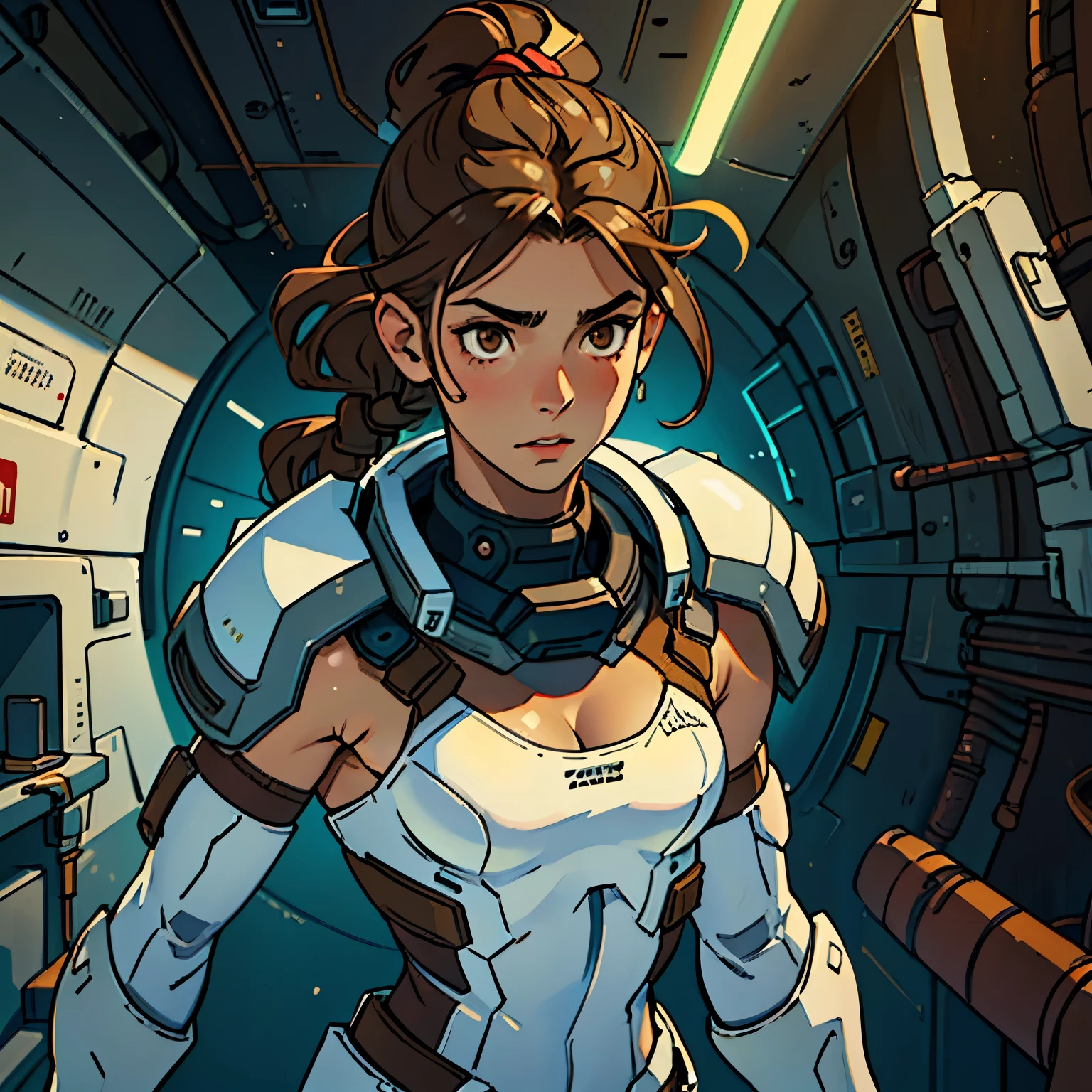 (Caucasian teenager), 18 years old, brown eyes, (wavy brown hair), (hair tied back), medium hair, small ??????????????. She wears a white sci-fi suit, cleavage, ???? shoulders, solo, in futuristic shelter, HD 4K
