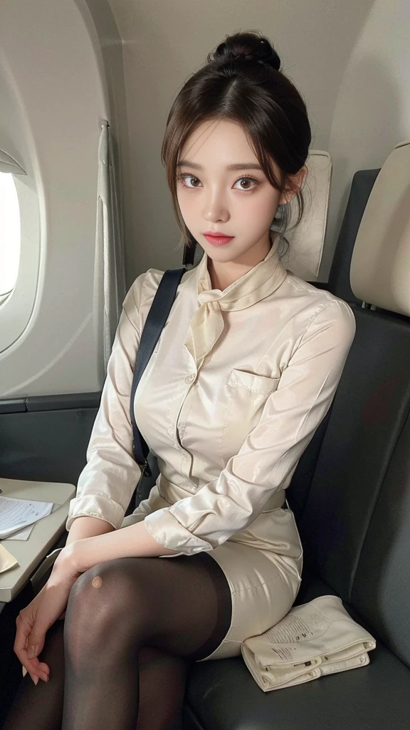 ((Incredibly stylish and beautiful)), ((really meticulous CG)), (realistic)、(intricate details:1.2)、(masterpiece、:1.3)、(top quality:1.4)、(Ultra A high resolution:1.2)、Ultra A high resolution, 8K resolution, Very detailed expression, studio soft light, vivid details, super detailing, complete anatomy, realistic skin texture, realistoc shading, (Highly detailed CG Unity 16k wallpaper), (High Quality), full body photo, 1 girl, (korean 1.3), (facial makeup : 1.4), beautiful: 1.3, a little smile, walking, ((crew cut, bun hair, flight attendant hair style)), perfect figure, femur, medium chest, Medium Body, Korean flight attendant, (Flight attendant uniforms),(Flight attendants in uniform), detail face, warm gaze, clear eyes, beautiful detailed eyes, small nose, small head, silk petit scarf, flesh-colored shiny pantyhose : 1.5, court shoes)), airline on board, check the cabin, random color : 1.2, boarding an airplane, passengers seated, detailed background