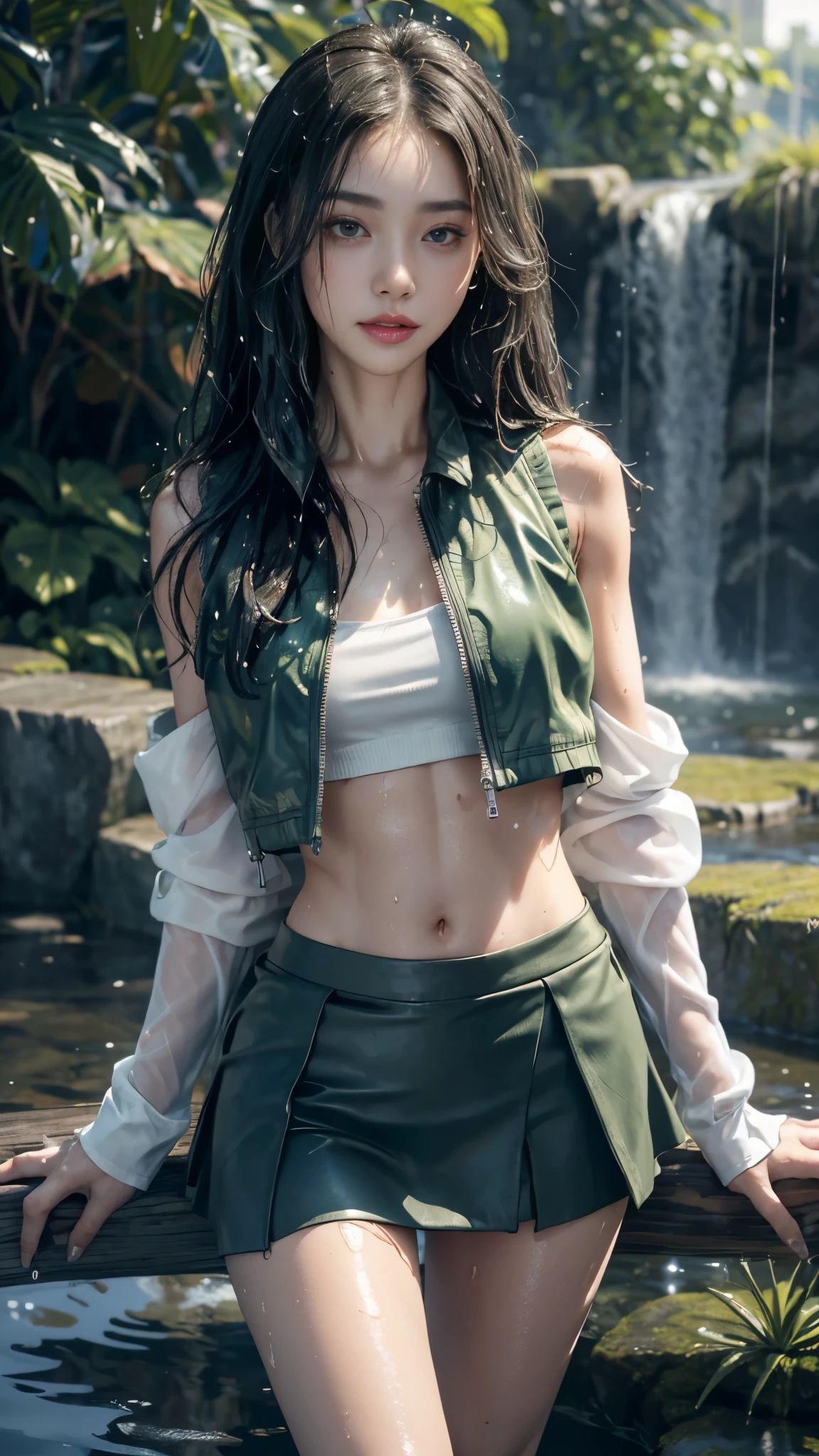 8k, masterpiece, 1 girl, beautiful face, very long hair, light makeup, (wet skin:1.3), detailed eyes, detailed lips, small bust, short jacket, wet green vest, ((plain micro skirt)), ((under pants)), ((bare thigh)), ((bare stomach)), straps clothing, (water falling:1.4), steam effect, water vapour,