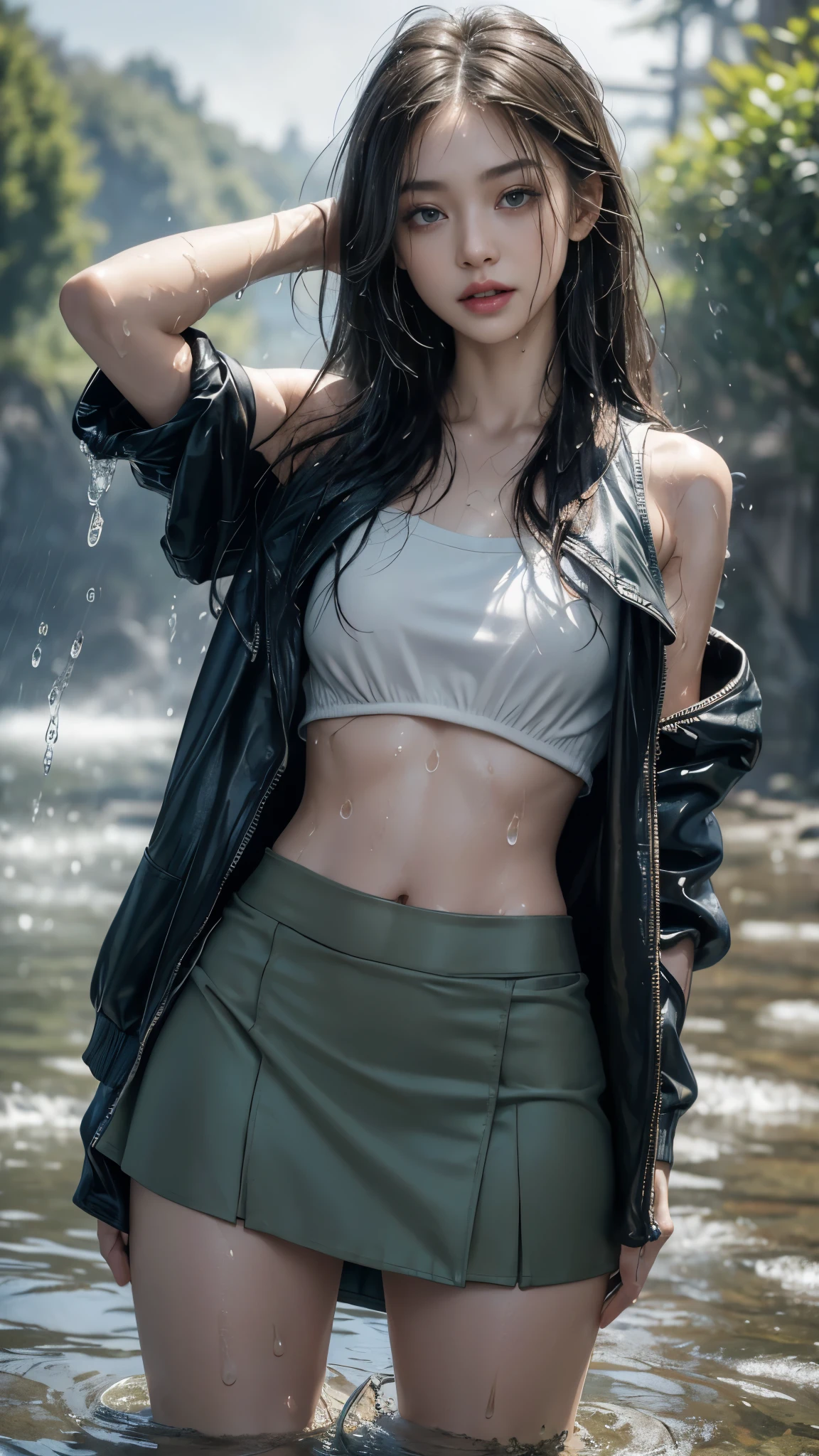 8k, masterpiece, 1 girl, beautiful face, very long hair, light makeup, (wet skin:1.3), detailed eyes, detailed lips, small bust, short jacket, wet green vest, ((plain micro thin skirt)), ((under pants)), ((bare thigh)), ((bare stomach)), straps clothing, (water falling:1.4), steam effect, water vapour,