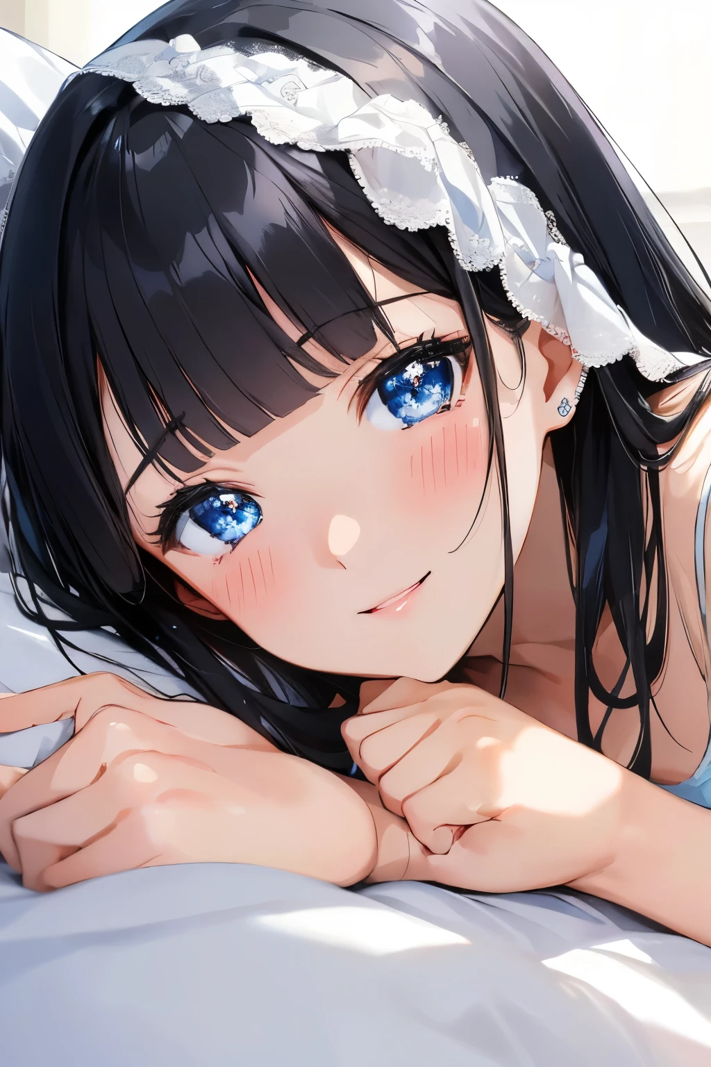 Masterpiece、highest quality、Woman 1、Super detailed　Black Hair、Blunt Bangs　Blue Eyes、Sparkling Eyes　Smiling、blush　White camisole　Face is close、Facial Close-up、Bring your face closer、Sheetsに寝転がる、Lying on your side　Sheets