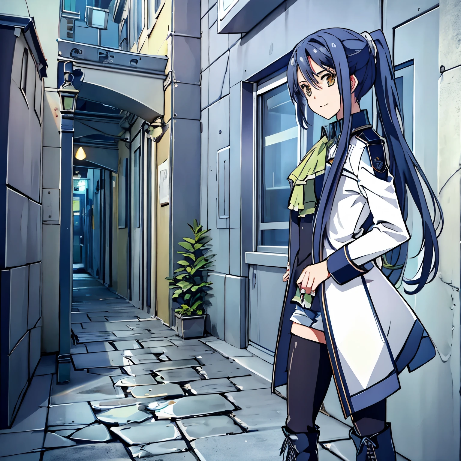 masterpiece, ultra high quality cg, perfect image, best quality, laura arseid, long ponytail, white coat, ascot, blue shirt, spandex shorts, black pantyhose, knee-high cross-laced boots, black boots, standing, rustic village setting, 1girl, Exquisite visuals, high-definition, best quality, high-definition, best quality, hand on hip