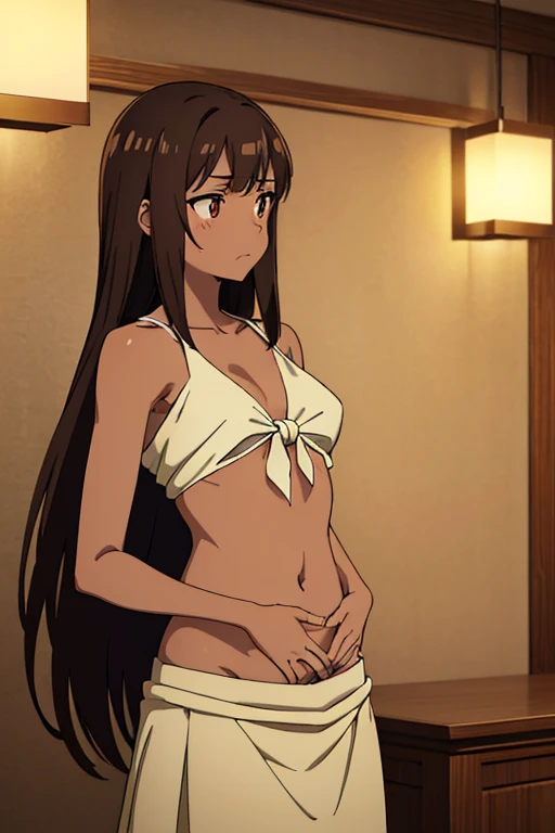 ((best quality)), ((masterpiece)), (detailed), perfect face, brown skin anime girl in a deep V-neck tied top, (bare shoulders), (skirt), (long hair), starving, (resting hands on the stomach), (hands on the stomach), (slim girl), (shiny skin), (embarrassed expression), (20-year-old girl)