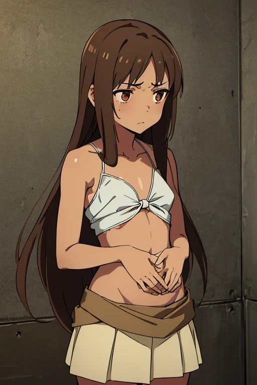 ((best quality)), ((masterpiece)), (detailed), perfect face, brown skin anime girl in a deep V-neck tied top, (bare shoulders), (skirt), (long hair), starving, (resting hands on the stomach), (hands on the stomach), (slim girl), (shiny skin), (embarrassed expression), (20-year-old girl)