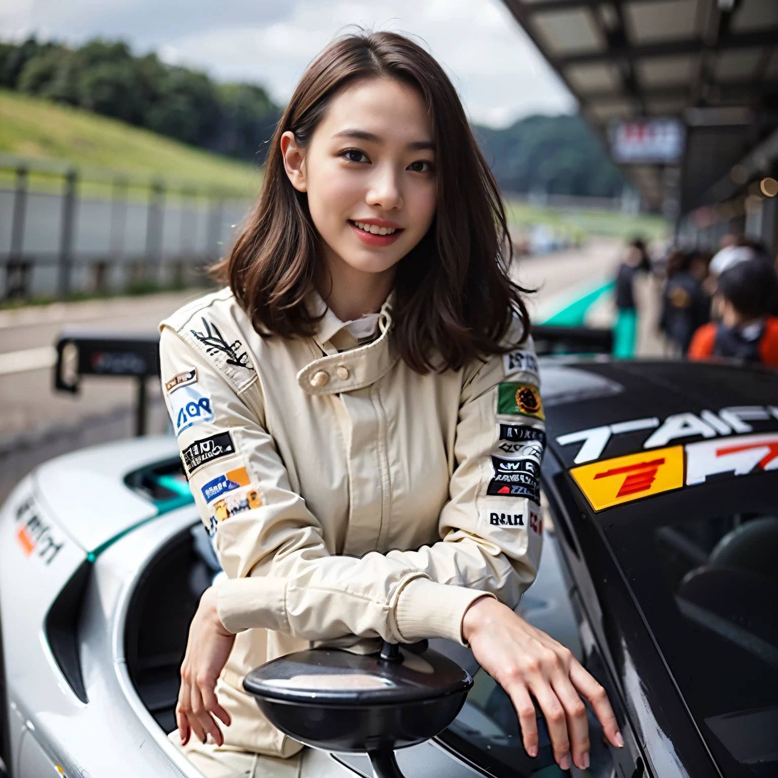 Masterpieces,Higher quality,Ultra-high resolution,8k resolution,Written boundary depth,Panoramic View,First Person View,Bright colors,that'Do it perfectly,Slender girl,The only person,smile,Big eyes,Long Chestnut Hair,collar,Bangles,To the audience,evening,Natural soft light、Riding on motorcycle、Racing Suits、Full Body Shot