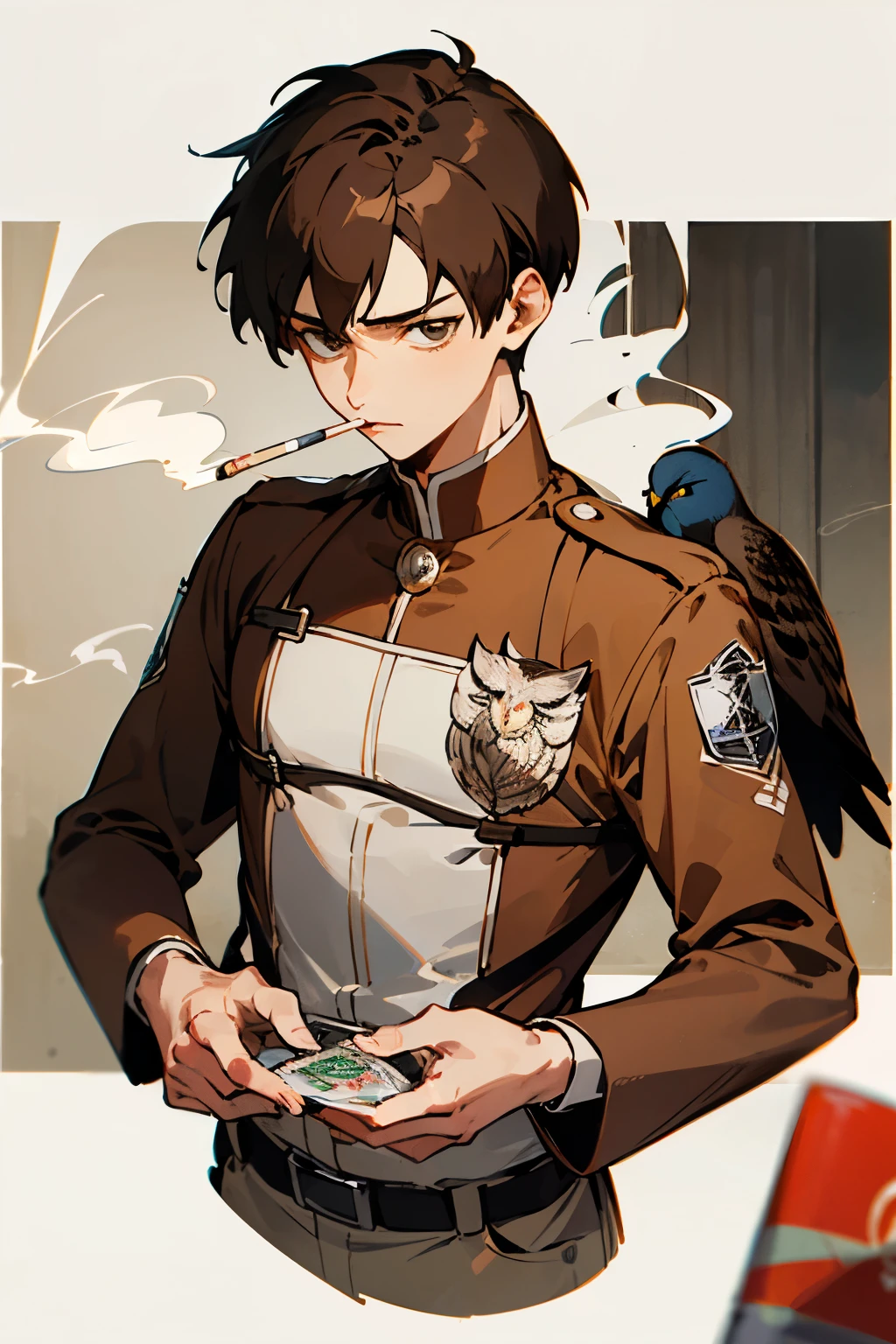 one boy bird bowl cut brown hair character print cigarette pack cropped torso eren kruger highres male focus mature male military uniform mimi (61743952) object focus owl shingeki no kyojin short hair solo tsurime uniform
