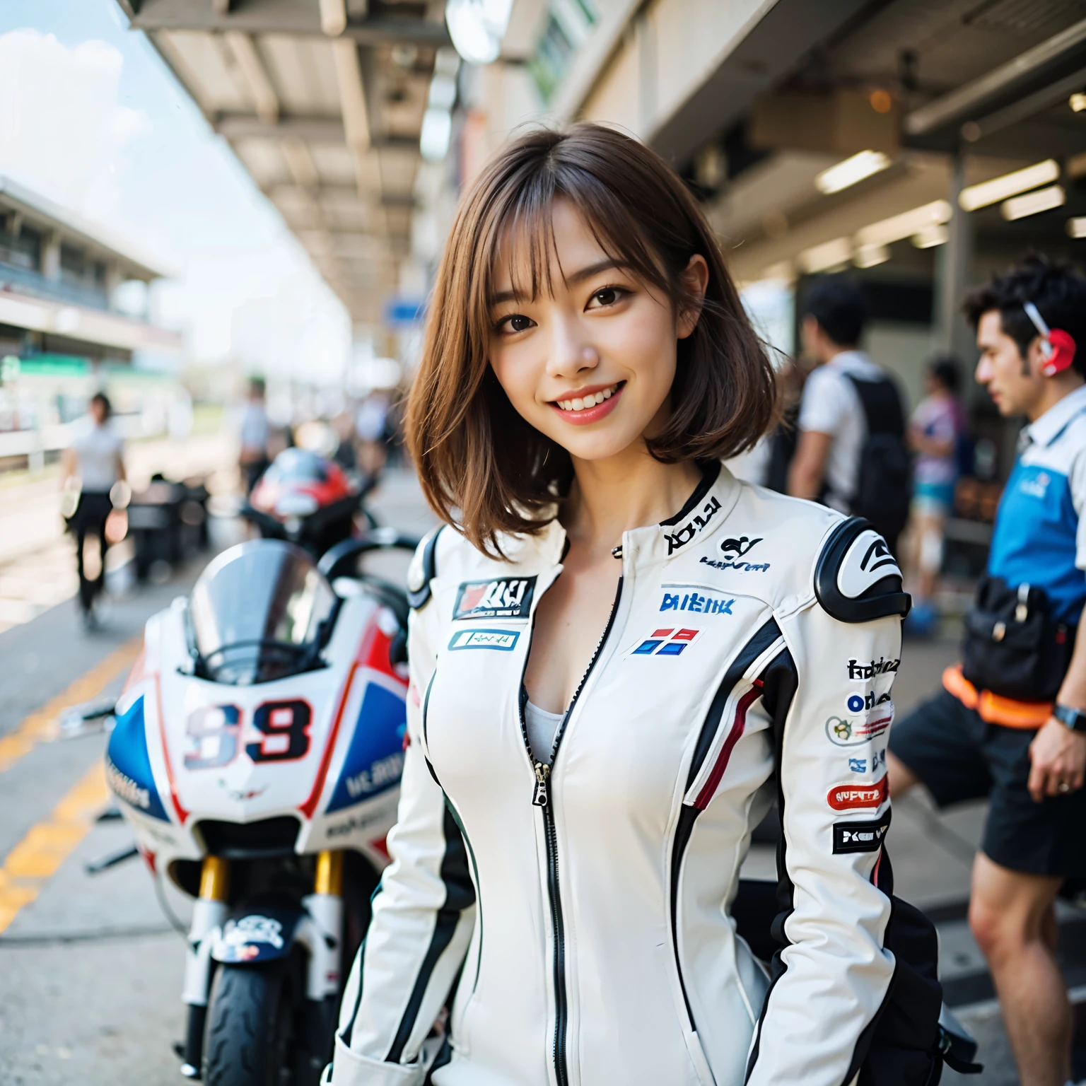 Masterpieces，Higher quality，Ultra-high resolution，8k resolution，Written boundary depth，Panoramic View，First Person View，Bright colors，that&#39;Do it perfectly，Slender girl，The only person，smile，Big eyes，Long Chestnut Hair，collar，Bangles，To the audience，evening，Natural soft light、Riding on motorcycle、Racing Suits、Full Body Shot