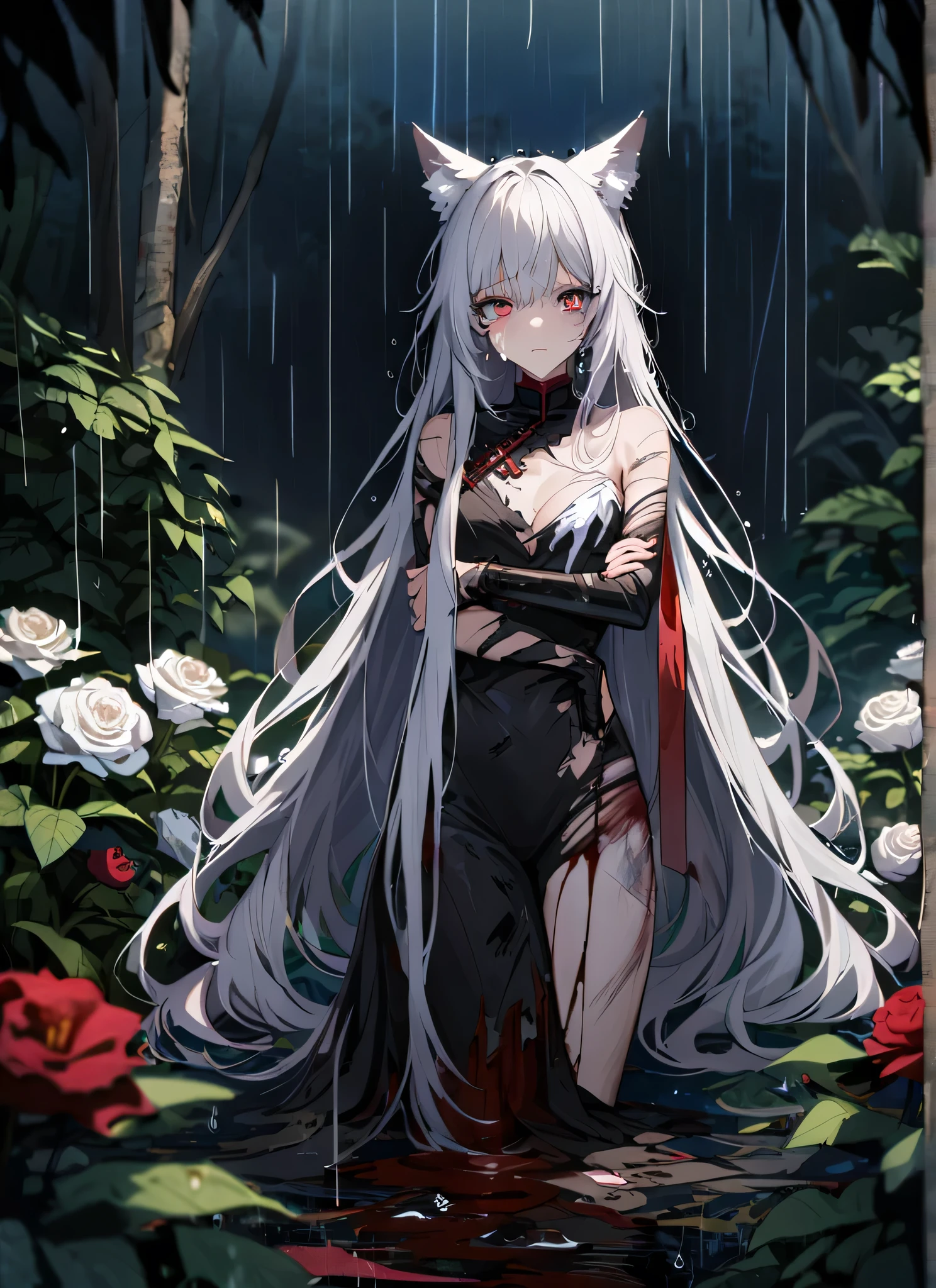 A gorgeous girl, wolf ears, wearing a damaged  simple oriental suit, a very  ripped  damaged oriental suit, missing parts of the suit, very ripped clothes, she's sad, tears, heartbroken, hurt, blood, dark garden, white roses, ultra detailed face, long eyelashes, sharp eyes, perfect make up, white ultra long hair, fullbody shot, garden, night, rain, 