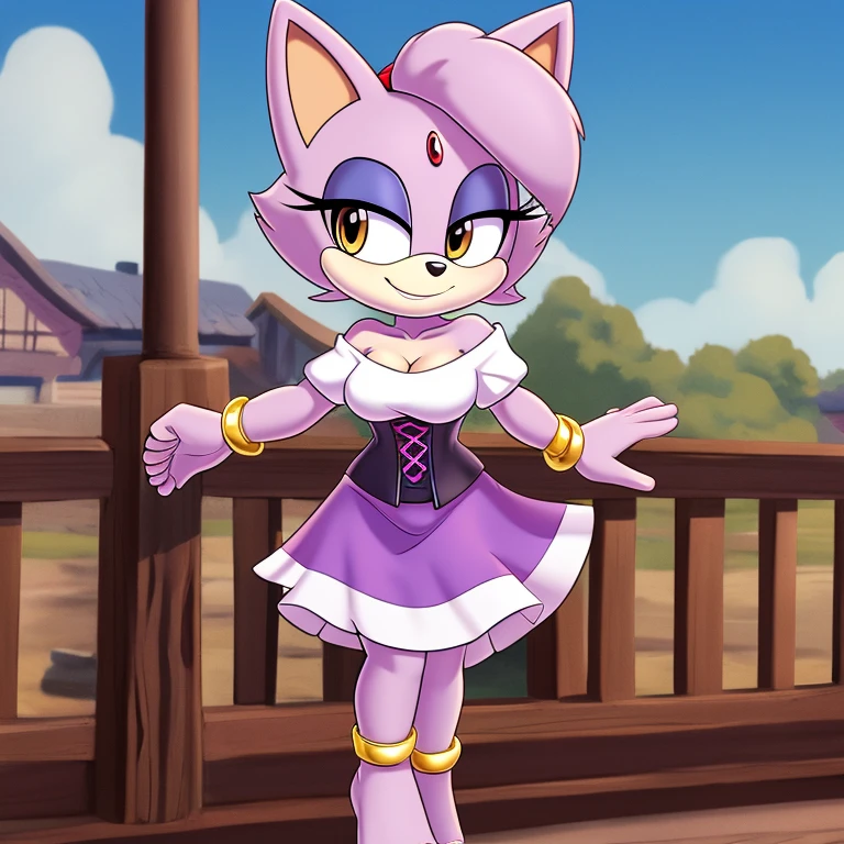 score_9, score_8_up, 2d, 1girl, blaze the cat, amber eyes, lavender fur, solo, jewelry, barefoot, gold bangle bracelt, breasts, cleavage, anklet, off shoulder, purple skirt, smile, hand on hip, pink hairband, long skirt, full body, white shirt, bare shoulders, makeup, puffy sleeves, medium breasts, green cincher corset, off-shoulder shirt, standing, bangle, puffy short sleeves, dancing, eyeshadow, dress, short sleeves, outline, toes, underbust, looking to the side, collarbone, town sqaure background, day, esmarelda cosplay,