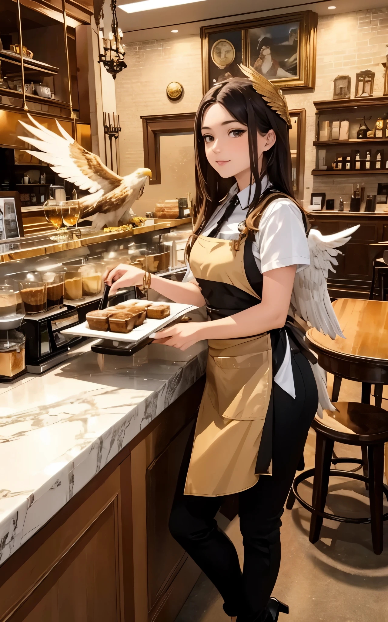 (masterpiece, best quality:1.2), highres, wallpaper, 1female griffin of age 23, detailed majestic face with eagle-like sharp eyes, golden feathers on the head blending into a lion's mane, large eagle wings folded neatly, wearing a stylish barista apron, crafting coffee with large talons, surrounded by modern coffee shop equipment, customers in the background looking amused and delighted, full body shot, soft indoor lighting, dynamic angle, 8k