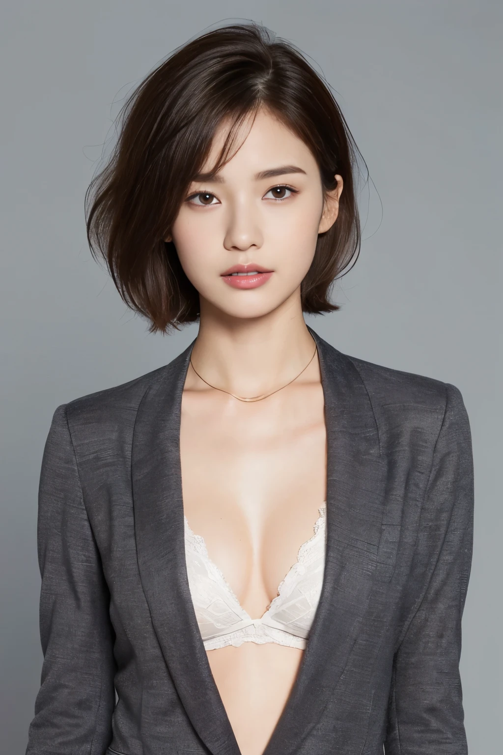 ((top-quality、8K、​masterpiece: 1.erfect Body Beauty: 1.4、Slender Abs: 1.2、Beautiful woman with slender abs:1.3、(Highlight Haircutreast B Cup:1.2), medium breast, round shape breast, perfect shape breast, ((blazer, deep neck line, black under, sexy )), necklace, hyperdetailed face、18year old、 Pretty women、(Dark brown short-cut hair), Slim Face、Highly detailed facial and skin texture、very detailed lips、opens legs、top-quality、​masterpiece、超A high resolution、(Photorealsitic:1.4), walked forward confidently, long shot ,  studio setup, photography steup, light from both side, gray background