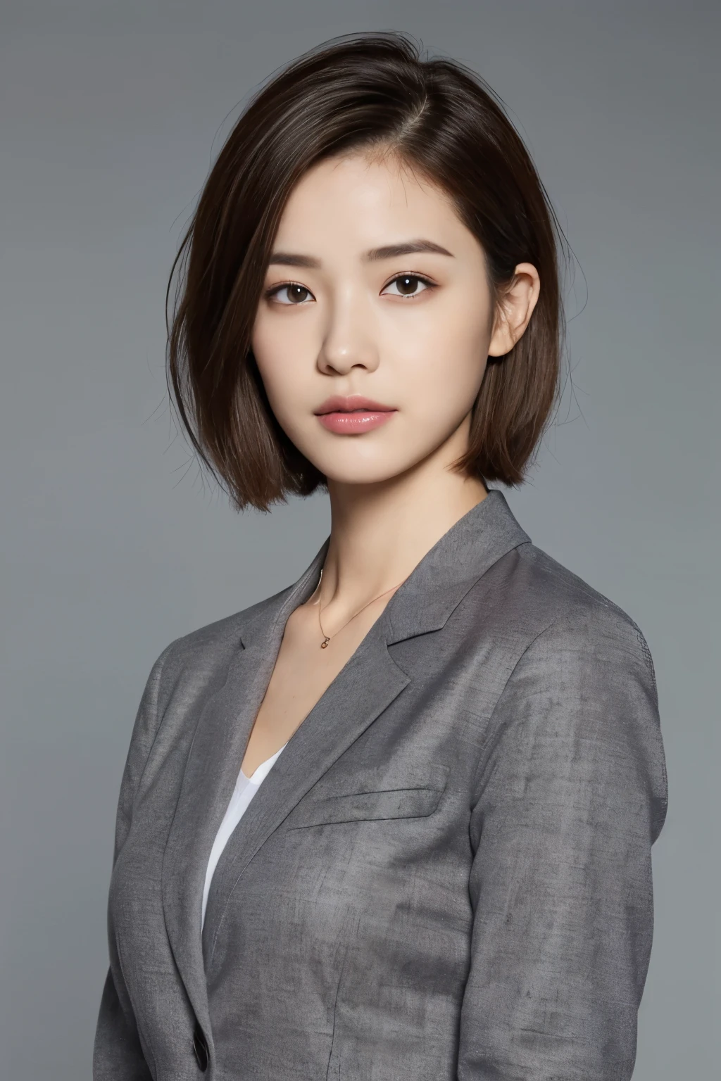 ((top-quality、8K、masterpiece: 1.erfect Body Beauty: 1.4、Slender Abs: 1.2、Beautiful woman with slender abs:1.3、(Highlight Haircutreast B Cup:1.2), medium breast, round shape breast, perfect shape breast, ((blazer, deep neck line, black under, sexy )), necklace, hyperdetailed face、18year old、 Pretty women、(Dark brown short-cut hair), Slim Face、Highly detailed facial and skin texture、very detailed lips、opens legs、top-quality、masterpiece、超A high resolution、(Photorealsitic:1.4), walked forward confidently, long shot , studio setup, photography steup, light from both side, gray background