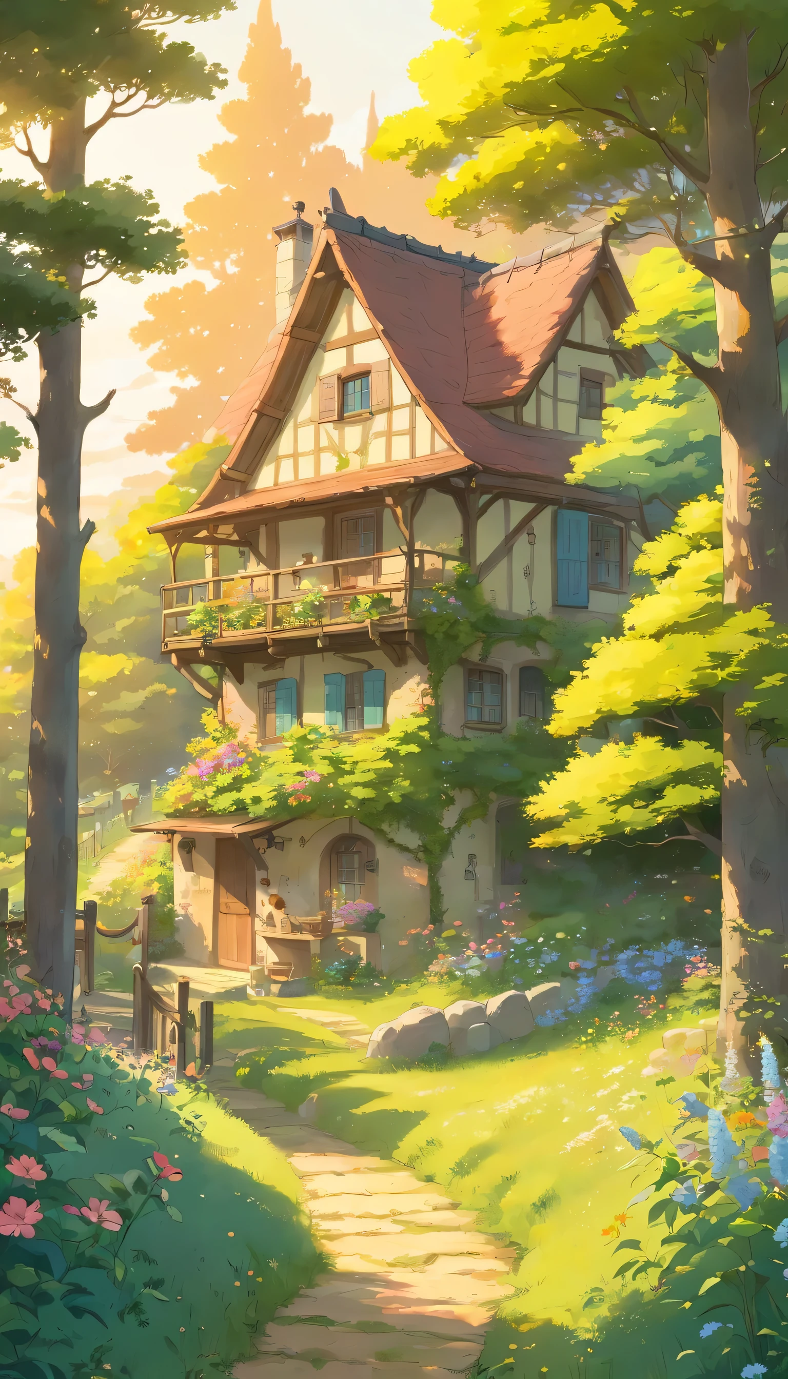 The cottage's weathered exterior exudes charm, with ivy clinging to its walls and small, diamond-paned windows allowing glimpses of warmth and coziness within. A wooden bench sits invitingly on the front porch, offering a perfect spot to soak in the panoramic views of the surrounding countryside. Nearby, a wooden swing hangs from an ancient oak tree, swaying gently in the breeze. Wild rabbits hop playfully across the meadow, while butterflies dance among the wildflowers. As the sun sets, casting a golden glow over the landscape, the cottage becomes a haven of peace and tranquility, a refuge from the hustle and bustle of the outside world.