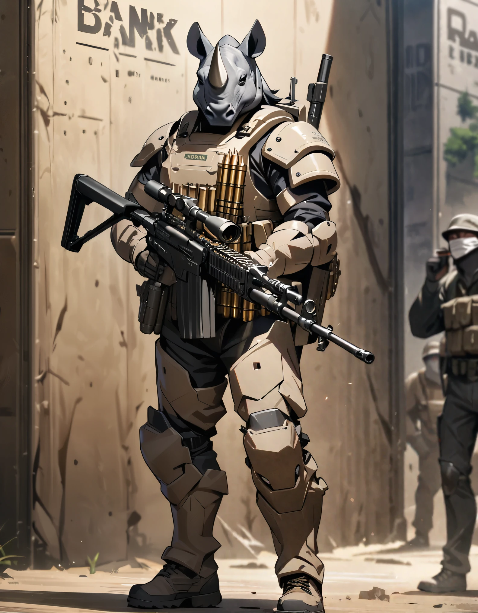 masterpiece, best quality, solo, solo focus, single, humanoid, rhino, rhino's head, armored suit, ammunition belt, holding a machine gun, m60, holding a gun, standing, smug, combat boots, bank backdrop, bank robber, mutant