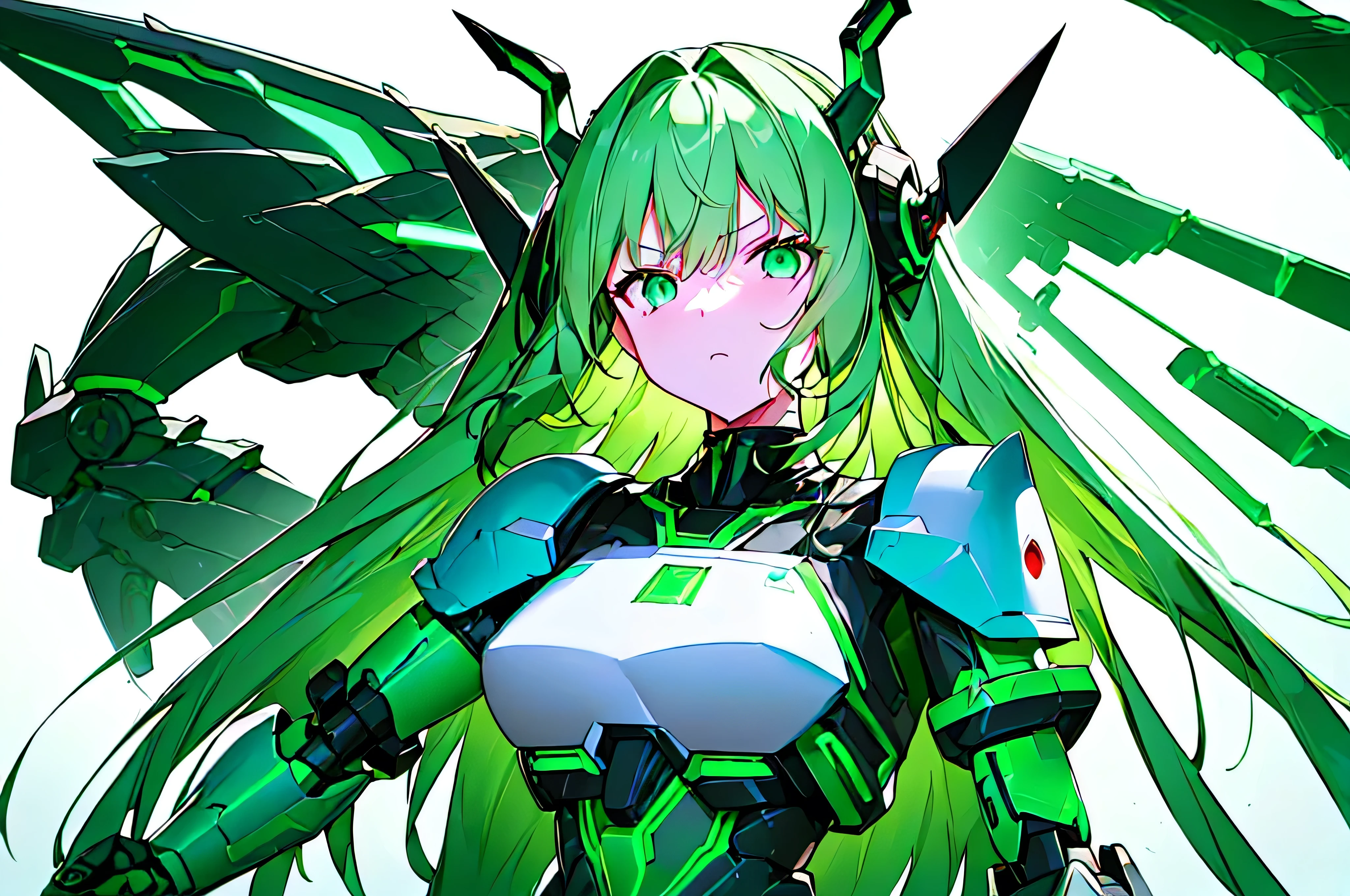[(WHITE BACKGROUND:1.5)::5], (((masterpiece))), ((upper body)), 1girl, solo, Green hair, long hair, Green eyes, (slant eyes), science fiction, (mecha musume:1.5), mechanical parts, headgear, doragon mechanical tails, ((mechanical Black dragon Armor)), Evil face, (((neon light green))), Anime style