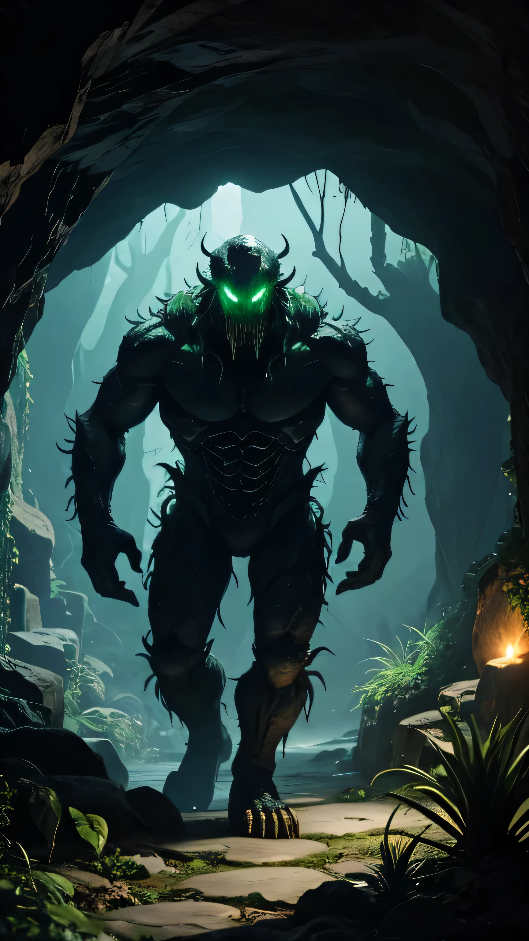 A scary monster in cave with plants glowing 
