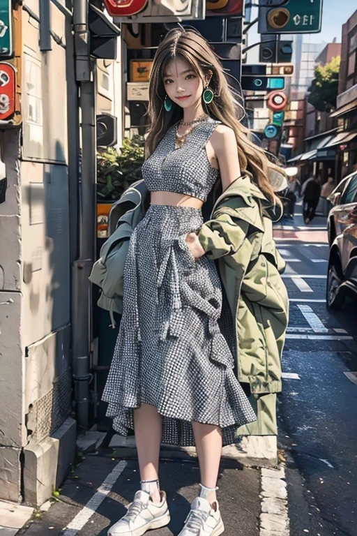 highest quality, Very detailed, masterpiece, 1 person,woman,(((完璧なwomanの体))),Very beautiful face, Very beautiful body,Gentle expression, Very beautiful eyes,(Perfect Makeup:1.1),Fashion Model,Fractal Graphic Art, Geometric pattern,Argyle Check Pattern,Cyberpunk Fashion,Long Hair,Shaggy Hair,white、green、Orange Hair:1.3, Very thin body,Smart Abs, greenと紫のサイバーパンク衣装, Long skirt,necklace,anklet,Two-tone high-top sneakers,A kind smile,Full body portrait,(city street background:1.3), (Shiny skin),(Earrings),Gradation,neon,