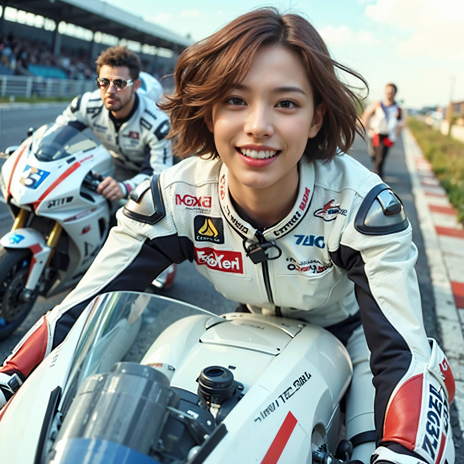 Masterpieces,Higher quality,Ultra-high resolution,8k resolution,Written boundary depth,Panoramic View,First Person View,Bright colors,that'Do it perfectly,Slender girl,The only person,smile,Big eyes,Long Chestnut Hair,collar,Bangles,To the audience,evening,Natural soft light、Riding on motorcycle、Racing Suits、Full Body Shot