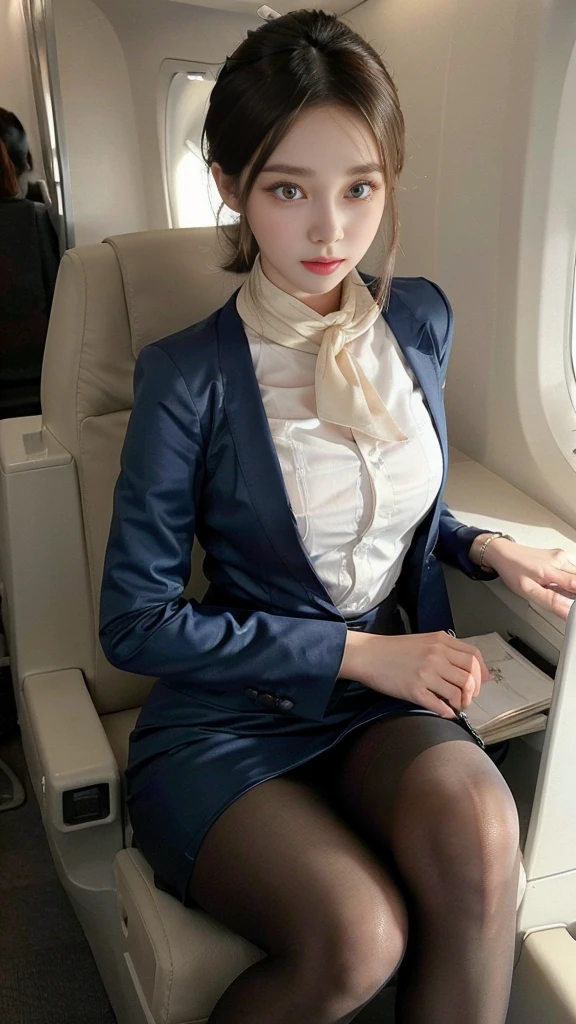  ((Incredibly stylish and beautiful)), ((really meticulous CG)), (realistic)、(intricate details:1.2)、(masterpiece、:1.3)、(top quality:1.4)、(Ultra A high resolution:1.2)、Ultra A high resolution, 8K resolution, Very detailed expression, studio soft light, vivid details, super detailing, complete anatomy, realistic skin texture, realistoc shading, (Highly detailed CG Unity 16k wallpaper), (High Quality), full body photo, 1 girl, (korean 1.3), (facial makeup : 1.4), beautiful: 1.3, a little smile, walking, ((crew cut, bun hair, flight attendant hair style)), perfect figure, femur, medium chest, Medium Body, Korean flight attendant, (Flight attendant uniforms),(Flight attendants in uniform), detail face, warm gaze, clear eyes, beautiful detailed eyes, small nose, small head,  silk petit scarf, flesh-colored shiny pantyhose : 1.5, court shoes)), airline on board, check the cabin, random color : 1.2, boarding an airplane, detailed background