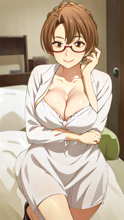 最high quality, 8k, Vibrant, Sharp focus, high quality, High resolution, Middle-aged women, Mature Woman, 49 years old, (Whole Body Ezbian), (Facial details in high heels, Highly detailed eyes, Thick lips, Plump figure、Plump face、(((Big Tits 2.3)))、(((On a white blouse)))、Beige tight skirt、Love hotel room、Random Hairstyles、A kind smile、
