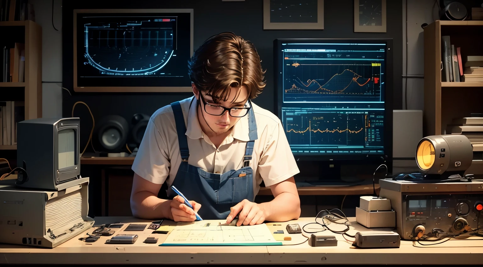 Imagine, a 24 year old working at his electronics bench, where there are various equipment such as benchtop fountains, Oscilloscopes, multimeters and similar; com umabiblioteca ao fundo na parede e um quadro com desenho da estrela de Davi.