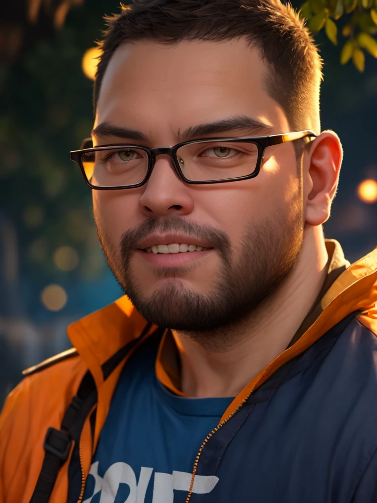 (40 years old daddy:1.1), 1boy, Solo, round face, short hair, brown eyes, beefy body, (big shoulders), big pecs, big pectorals, stubbles, Short beard, Beautiful eyes:1.3, (Detailed face:1.3), wearing glasses, Dynamic Angle, volumetric lighting, (Best quality, A high resolution, Photorealistic), Cinematic lighting, Masterpiece, RAW photo, stock photo, Intricate details, hdr, depth of field, man playing flute in a starry sky,The color of the clothes is a romantic recolor,The background is mainly blue