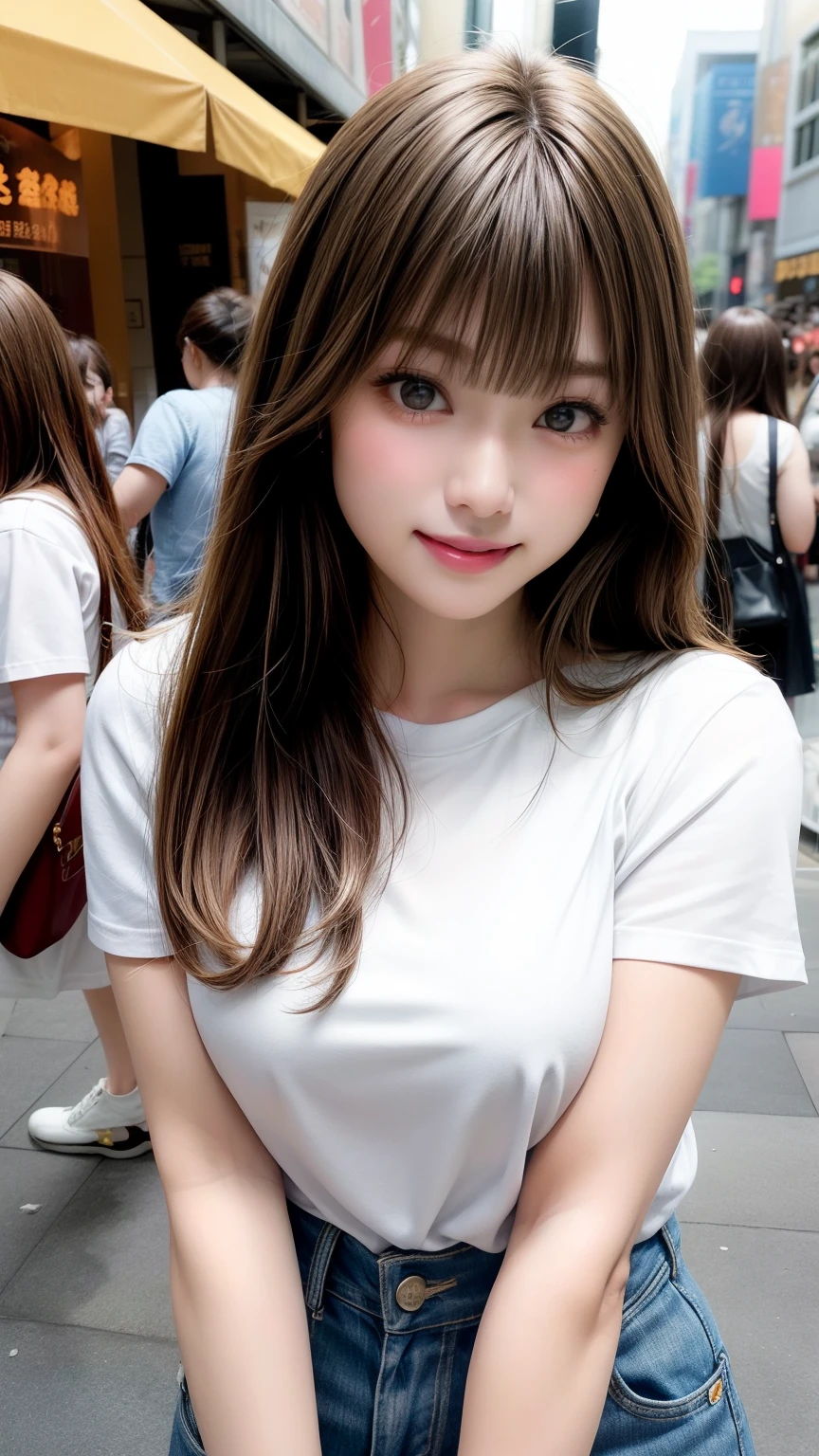 Tabletop、Large Breasts、 Large Breastsの谷間, Natural Lip、Fair skin、Great light、Beautiful lighting、((Straight Hair))、Brown Hair、Blunt bangs、White T-shirt、Denim shorts、Gorgeous Accessories、Shibuya、Harajuku、smile、かわいいsmile、Crowds in the city