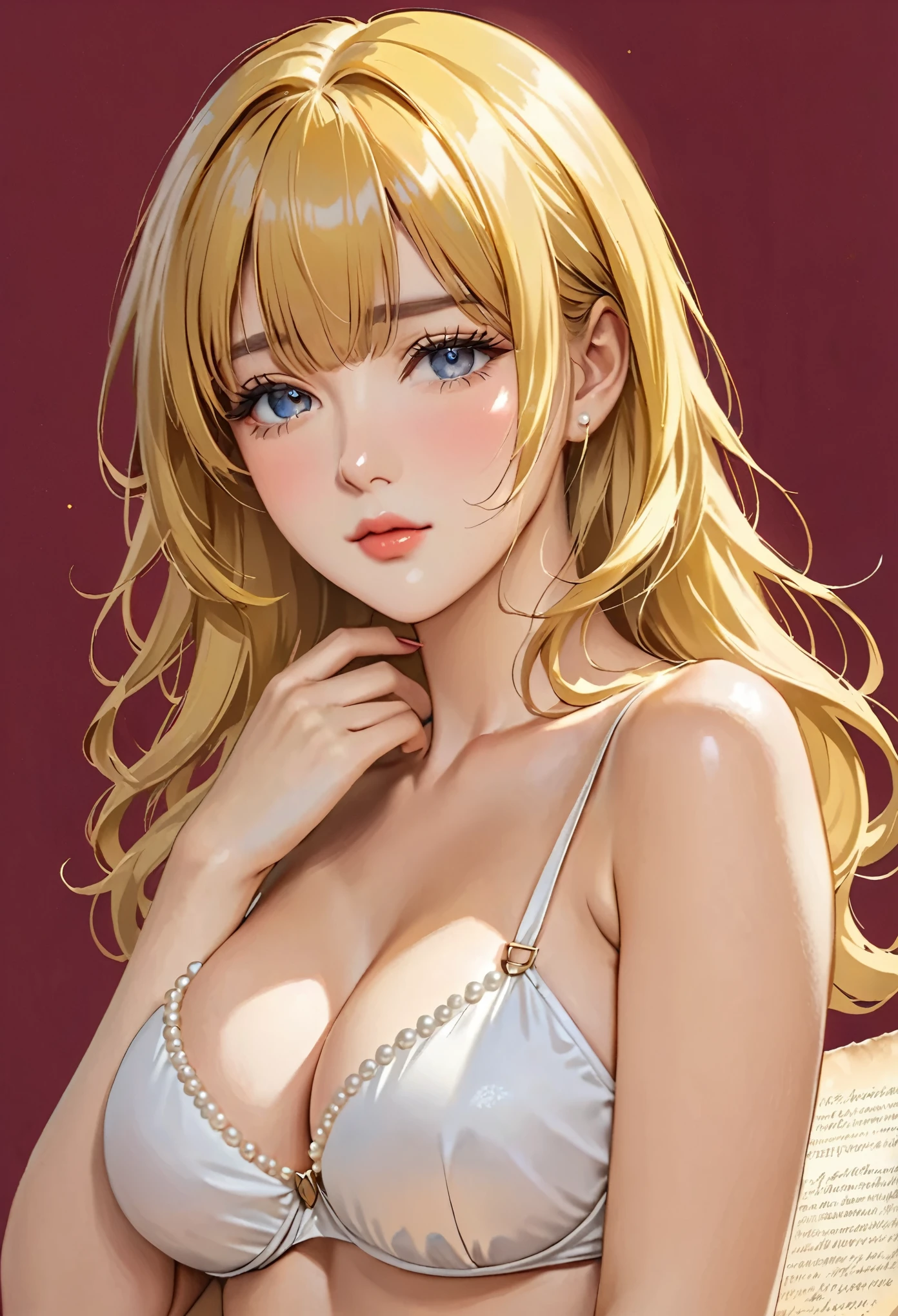 Europe medival，Top image quality，(masterpiece)，Art Illustration，solo，delicate yellow hair，(Neat hair and neat bangs)，beauty blue eyes，Half eyes squinting，(A woman with large breast)，Upper Body，Nylon bikini，Tan Leather Shoulders，(There are dense small pearls on the bikini)，Nail polish，Hands touching necks，[Parchment Background Art]，[Background sketch]，inside medival city background，dark red background，depth of field，Background Light，Depth of Field