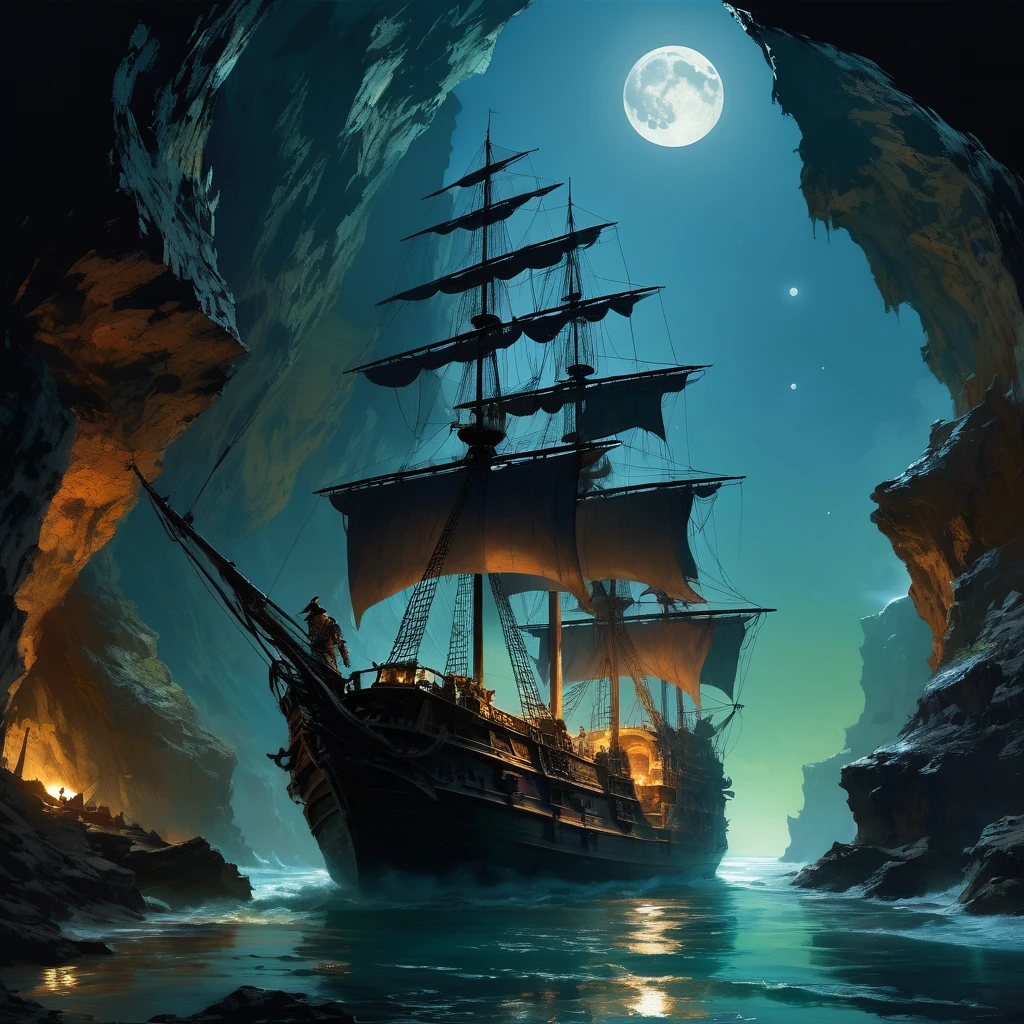 navire pirate in a cave with a full moon in the background, par Raymond Han, Craig Mullins Dark Key, in the style of James Paick, navire pirates at war at night, bateau gothique sur l'ocean, Craig Mullins dappled lighting, Gagnant du concours Artstation, par Yang J., par Arthur Pan, navire pirate, par Johannes Mytens, art style of marc simonetti