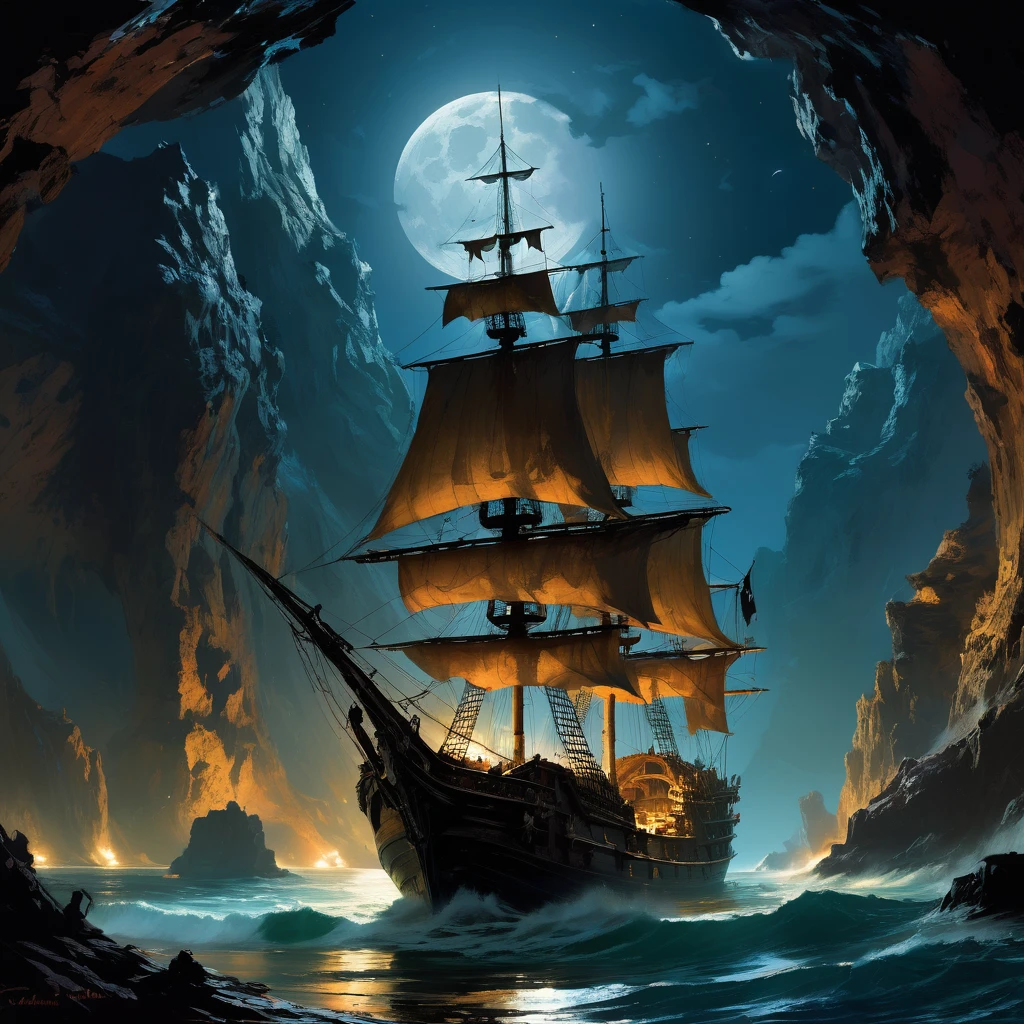 navire pirate in a cave with a full moon in the background, par Raymond Han, Craig Mullins Dark Key, in the style of James Paick, navire pirates at war at night, bateau gothique sur l'ocean, Craig Mullins dappled lighting, Gagnant du concours Artstation, par Yang J., par Arthur Pan, navire pirate, par Johannes Mytens, art style of marc simonetti
