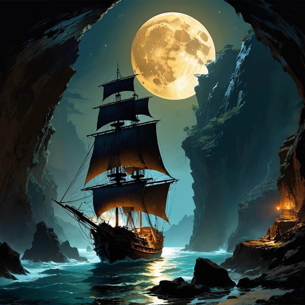 navire pirate in a cave with a full moon in the background, par Raymond Han, Craig Mullins Dark Key, in the style of James Paick, navire pirates at war at night, bateau gothique sur l'ocean, Craig Mullins dappled lighting, Gagnant du concours Artstation, par Yang J., par Arthur Pan, navire pirate, par Johannes Mytens, art style of marc simonetti