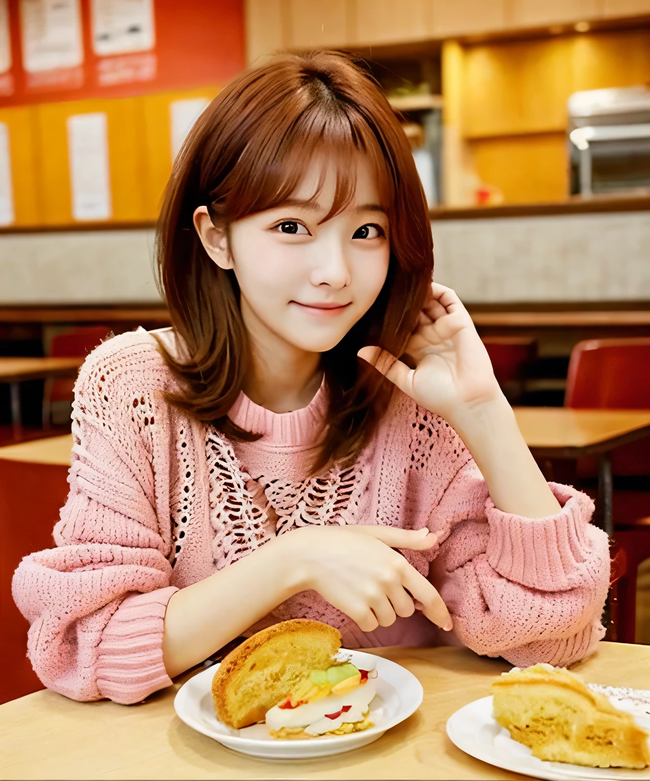 Arafed woman sitting with a plate of food in a cafeteria, Short hair, Ulzzang, Lace Sexy, Sheer lace sweater, sakimichan, Japanese Girls, not Korean, not Chinese, 19-year-old girl, Brown and pink hair, 🍂 cute, 🤤 Portrait of a Girl, Gorgeous Young Japanese Woman, Brown short hair, The tips of my hair are pink, Choi Hong-hwa, Jaeyoung Nam, Natural Hands, Hands without discomfort