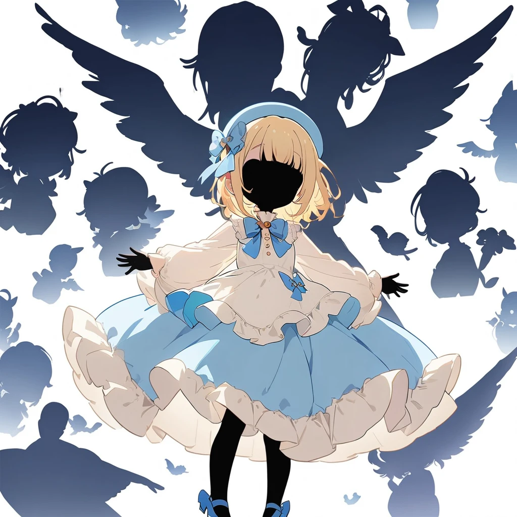 One Girl:2, (((Silhouette style:2))),((Pure white background))blonde, White Background, have, dress, Blue footwear, wing, Simple Background, flower, Wide sleeves, Long sleeve, blush, animal, white flower, alone, whole body, bird, High heels,Raise your arms, Frills, bow, bangs, ribbon, Bell, Blue hat, shoes下, short hair, Grey Eyes, shoes, feathered wing, blue bow、(highest quality、masterpiece、High resolution、detailed)、animeスタイル、Flat Style、(Beautiful Eyes, Delicate and beautiful face), break,extremely detailed、anime