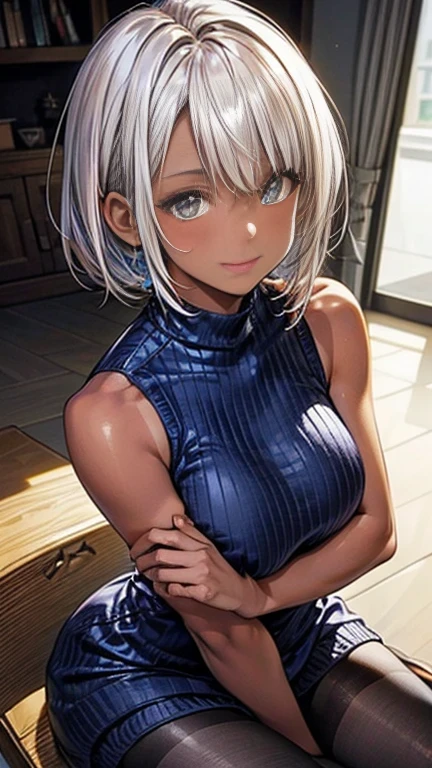 ((highest quality)), ((masterpiece)), (detailed), (Character Focus、breast focus), 4k, ((Symmetrical facial features)), Anime 2D Rendering, Realistic young anime woman,
One Girl: 1.5,
((Symmetrical facial features)), (Beautiful fine details、Shining Eyes), Perfect Face, Beautiful clavicle,Beautiful body, Beautiful thighs, Beautiful feet, Beautiful breasts, Perfect round butt,
(Tanned dark skin:1.5), (Shiny skin:1.2), Slightly smaller chest, 20-year-old,
Beautiful Hair, Hair fluttering, bangs, Blonde, (Very Short Hair),
((Blue sleeveless high neck sweater dress:1.4)、Black Pantyhose、High heels)、Captivating smile、look back,sit
